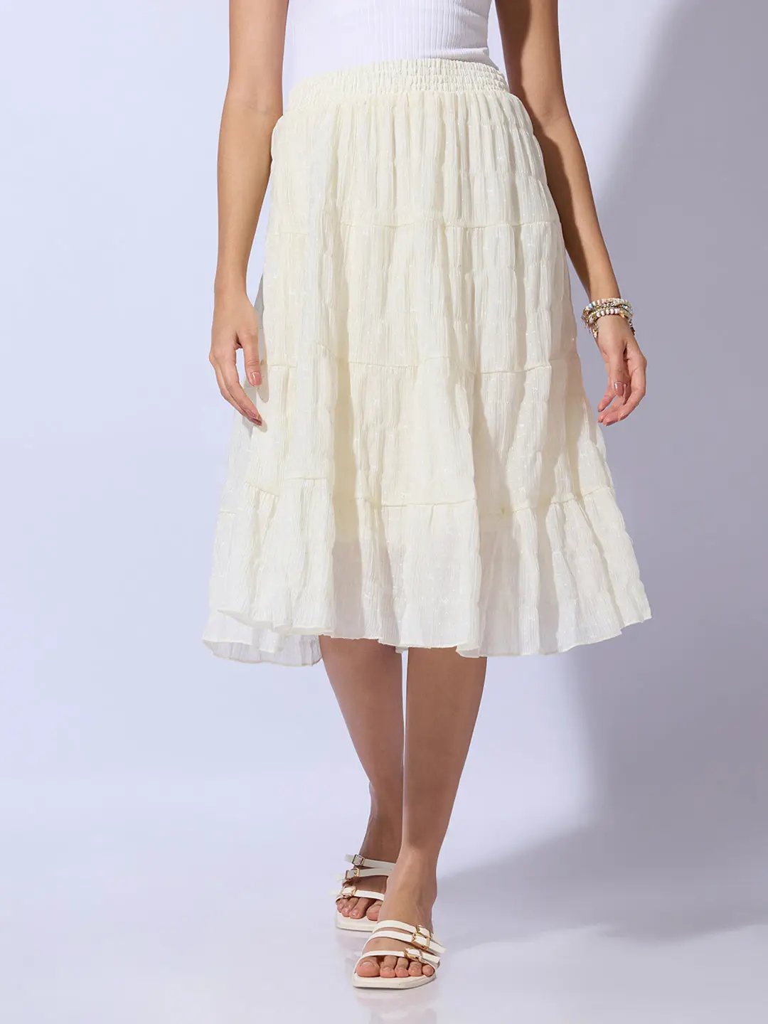 Women's Textured Cream Tiered Midi Skirt