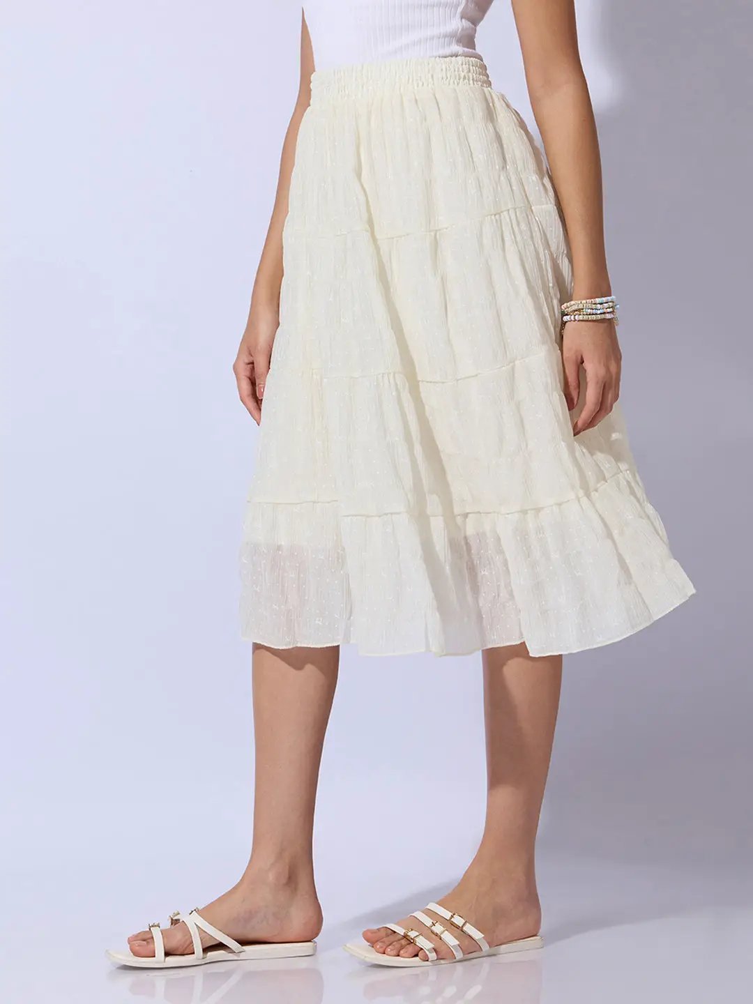 Women's Textured Cream Tiered Midi Skirt