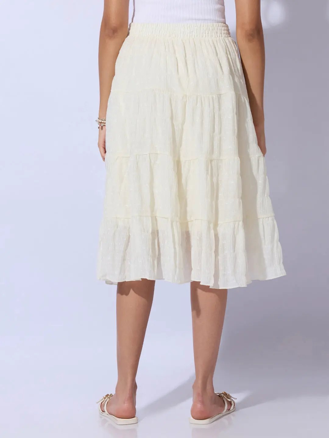 Women's Textured Cream Tiered Midi Skirt