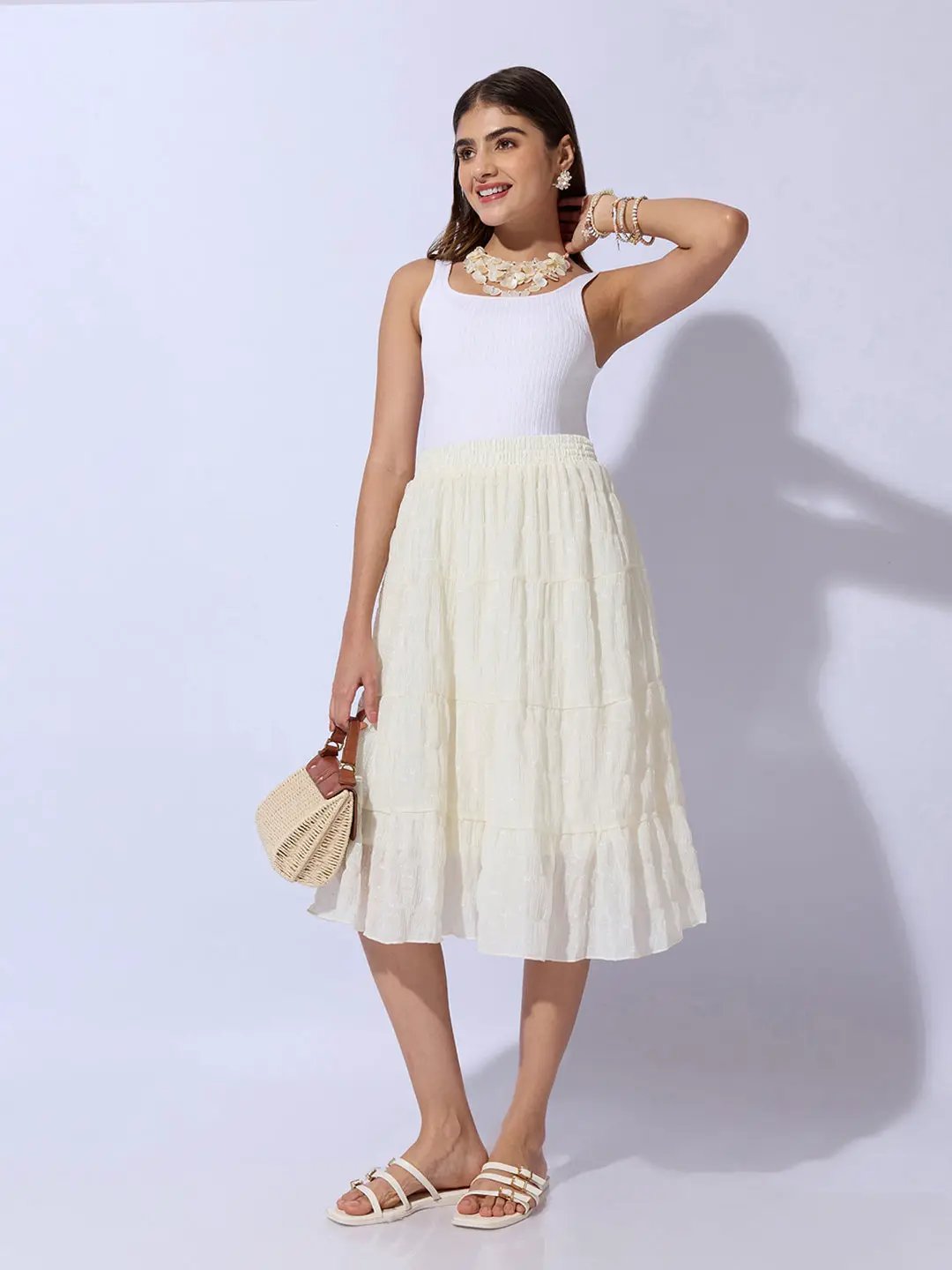 Women's Textured Cream Tiered Midi Skirt