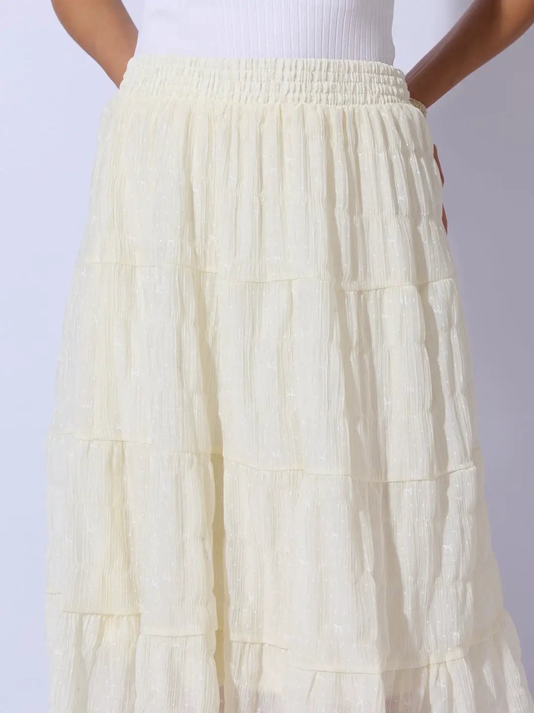 Women's Textured Cream Tiered Midi Skirt