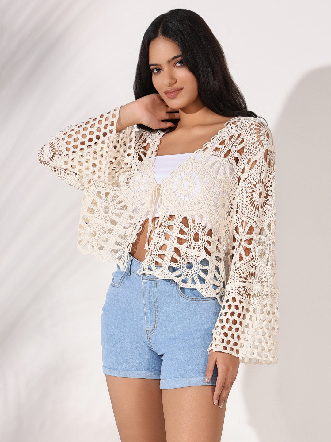 Women Cream Solid Crochet Top