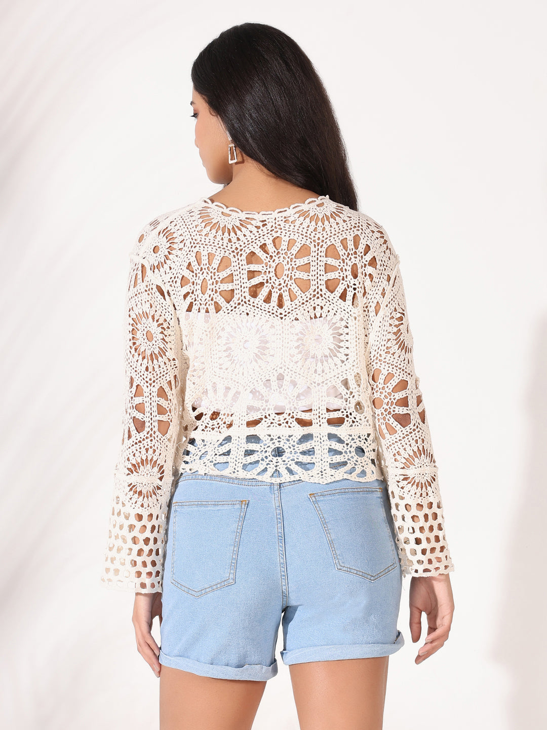 Women Cream Solid Crochet Top