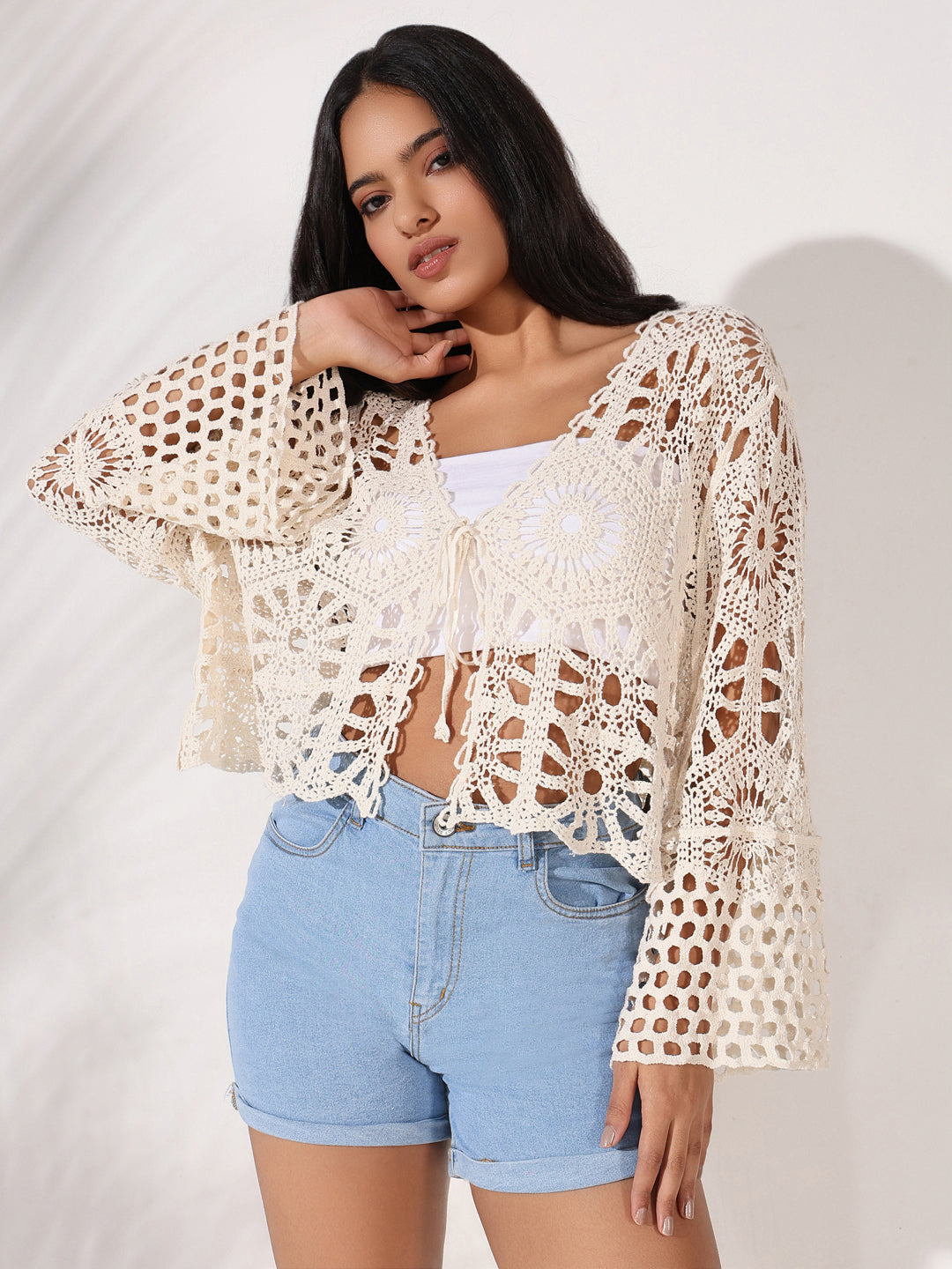 Women Cream Solid Crochet Top