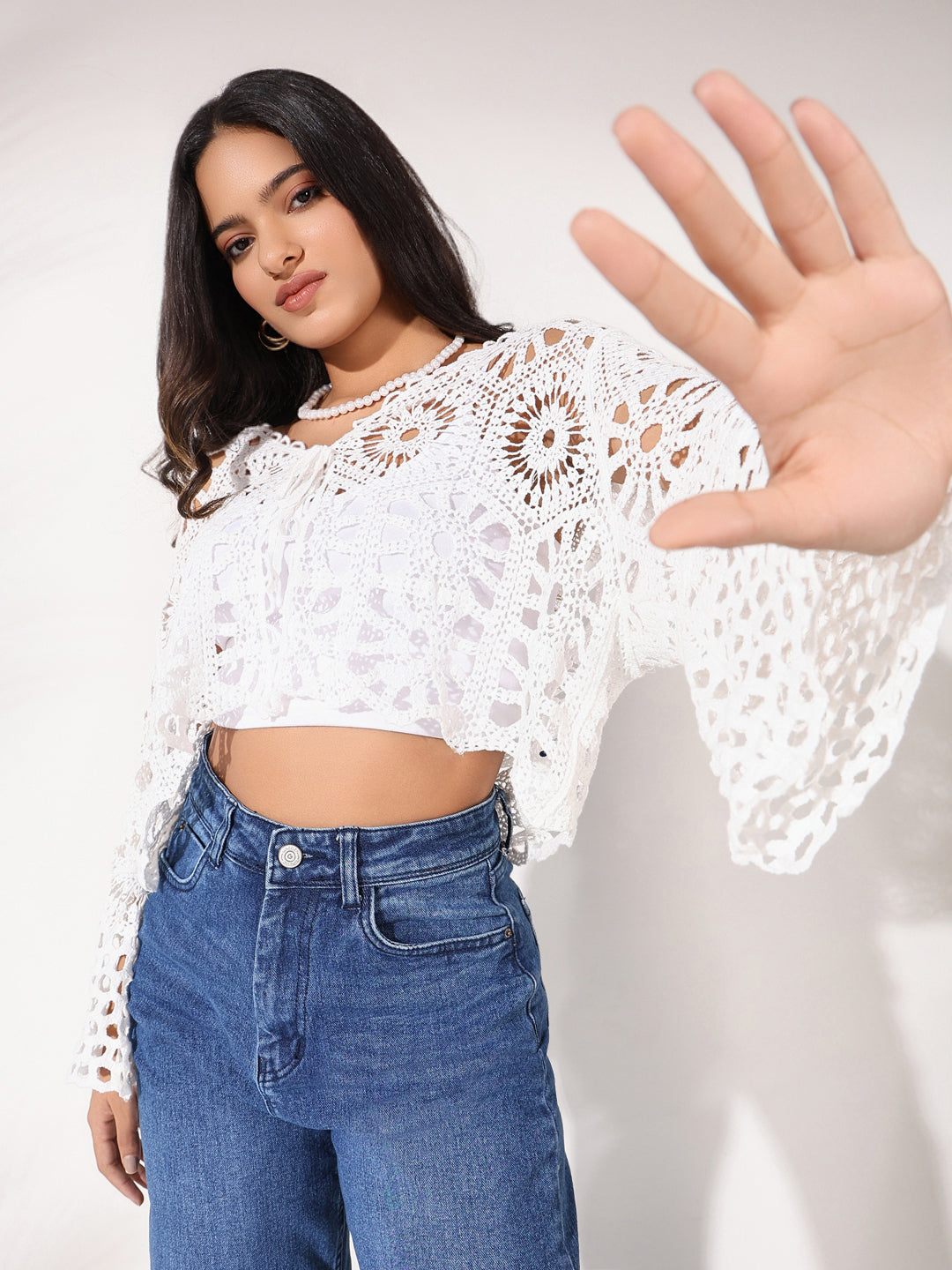 Women White Solid Crochet Top