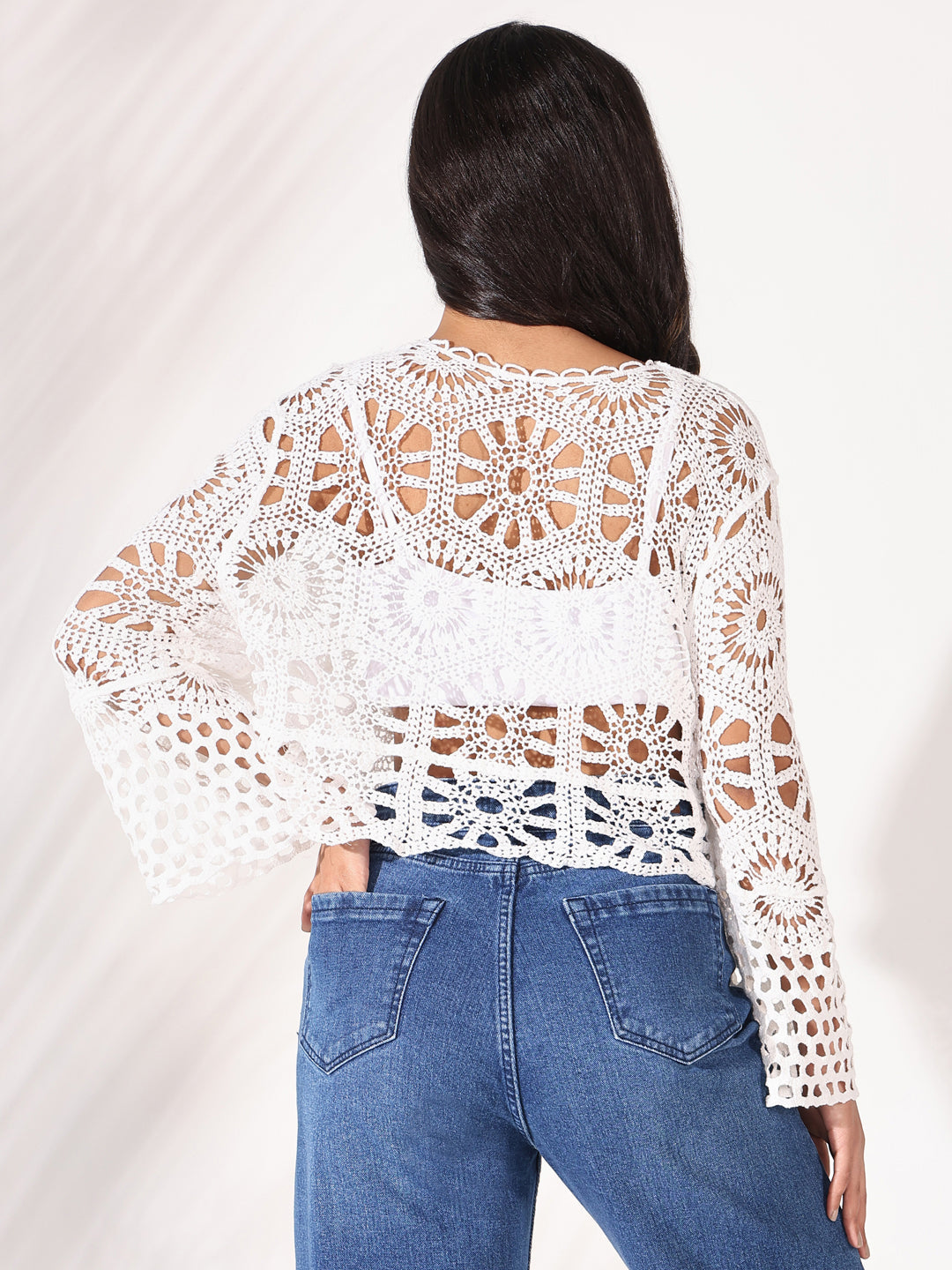 Women White Solid Crochet Top