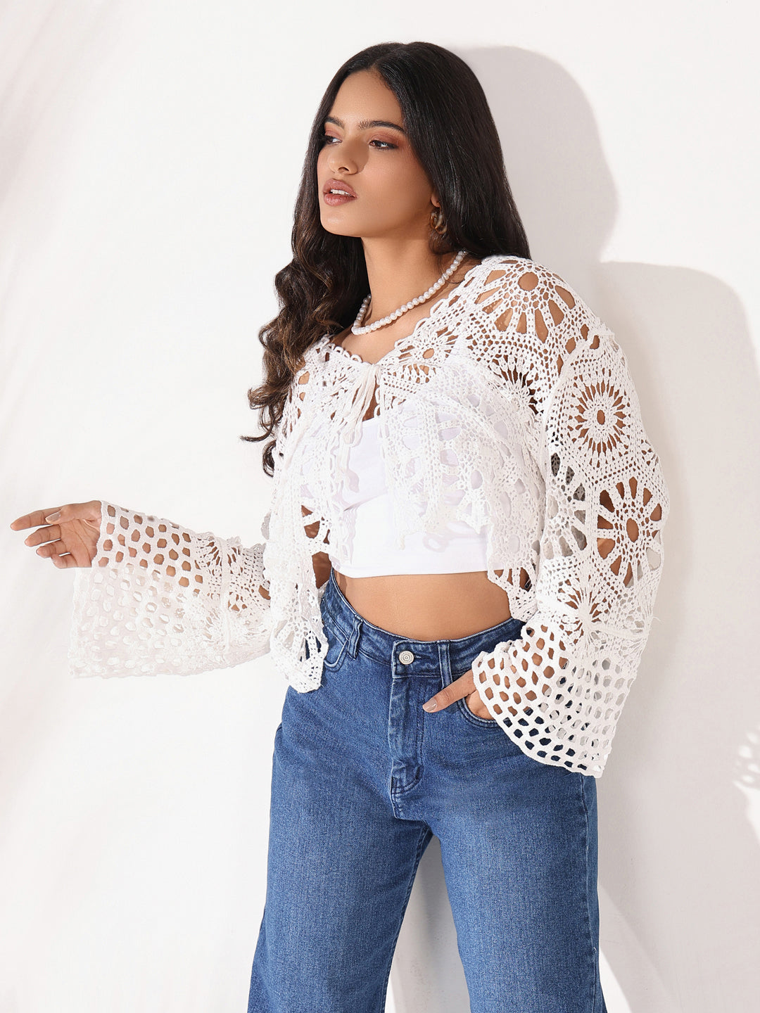 Women White Solid Crochet Top