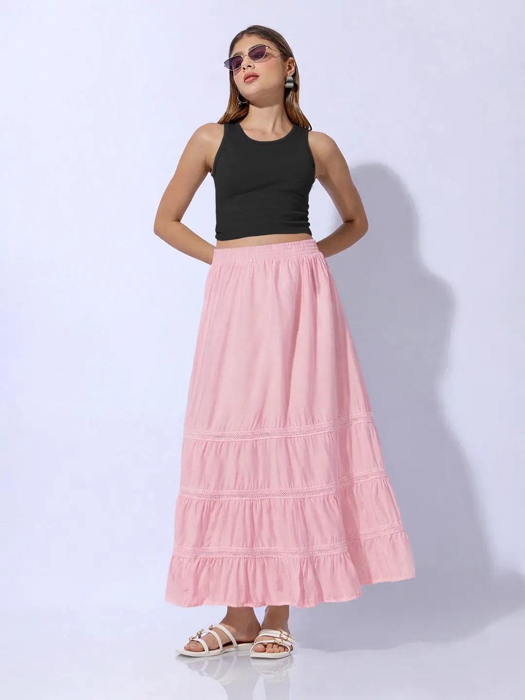 Women's Pink Maxi Skirt with Lace Inserts - Uncategorized from SHOWOFFFF