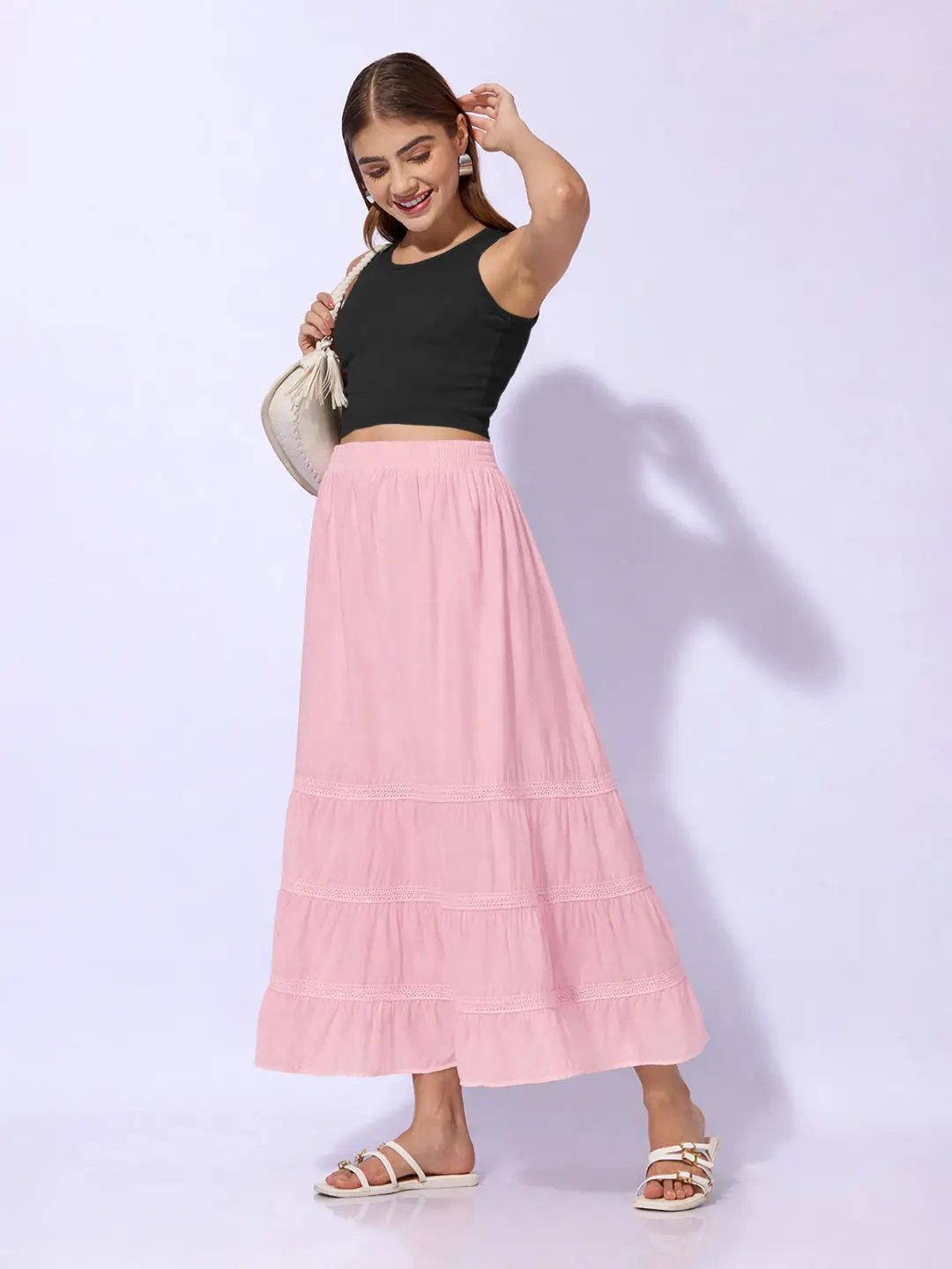 Women's Pink Maxi Skirt with Lace Inserts - Uncategorized from SHOWOFFFF