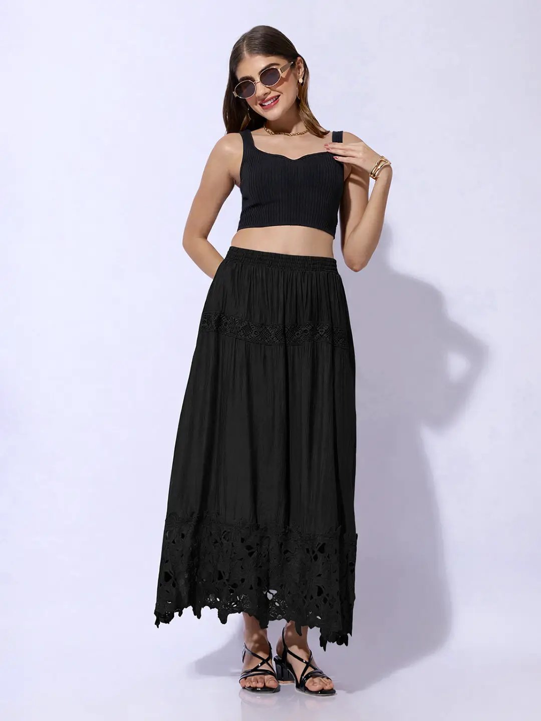 Women's Black Maxi Skirt with Crochet Lace Hem