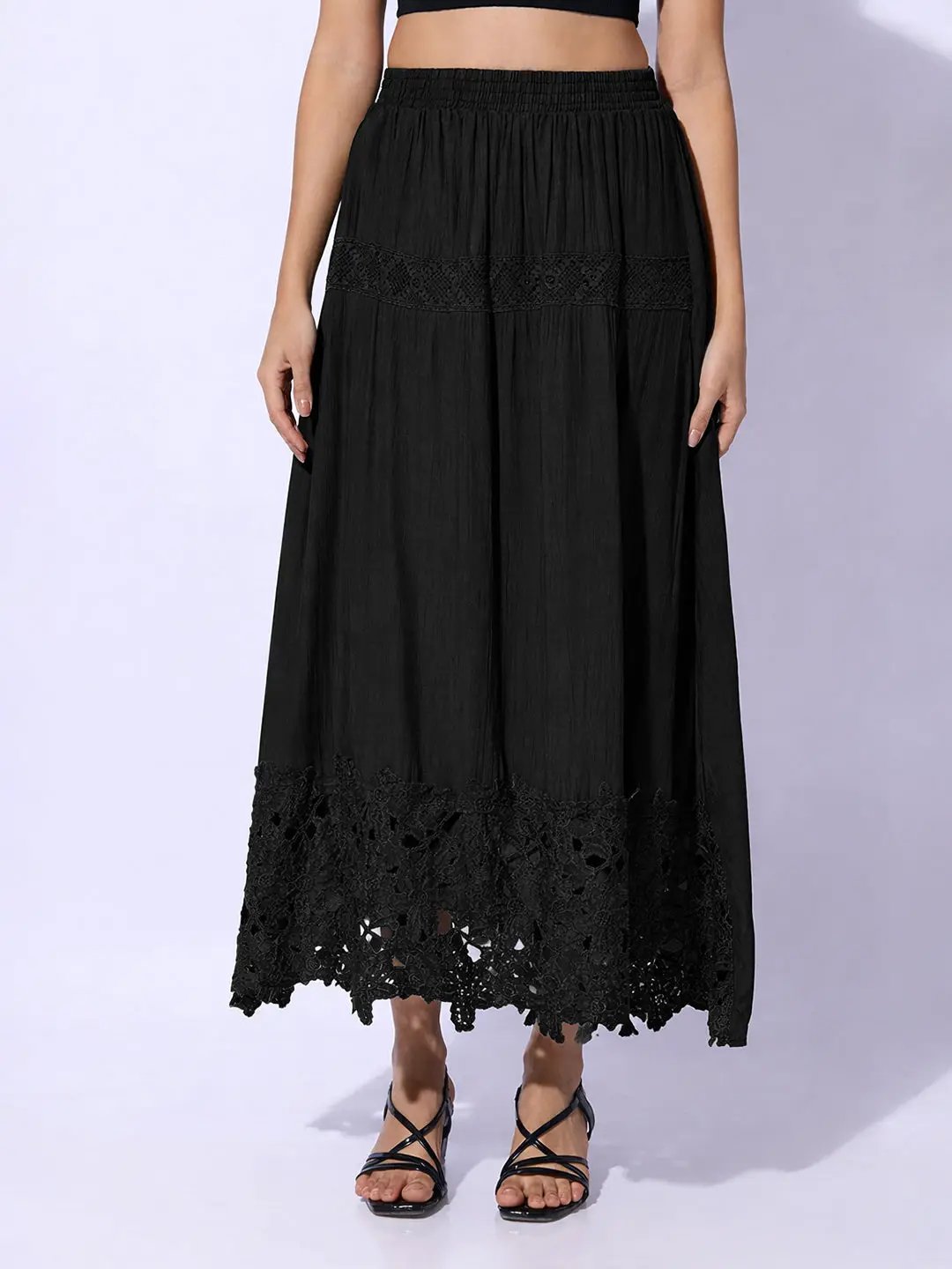 Women's Black Maxi Skirt with Crochet Lace Hem