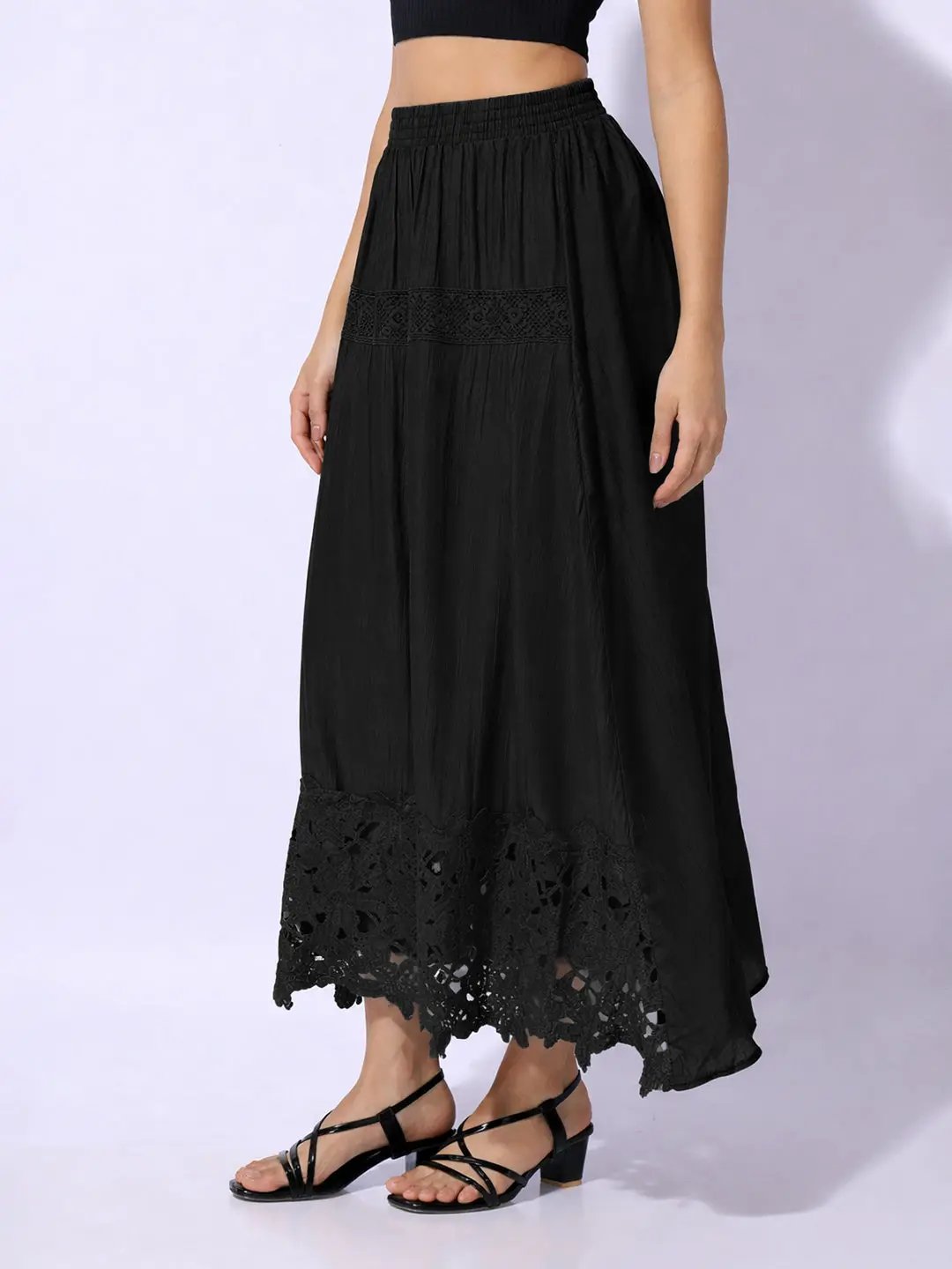 Women's Black Maxi Skirt with Crochet Lace Hem