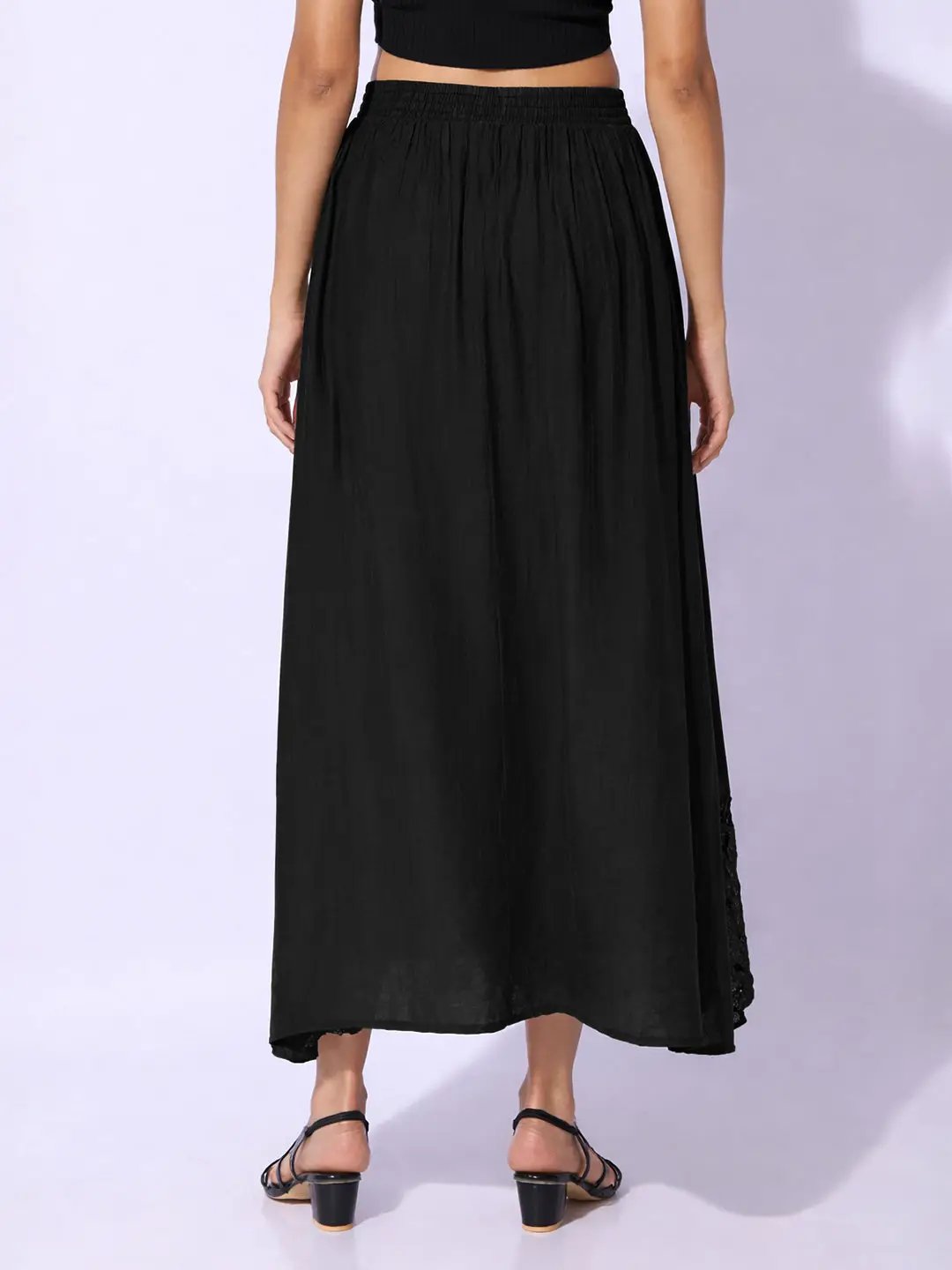 Women's Black Maxi Skirt with Crochet Lace Hem