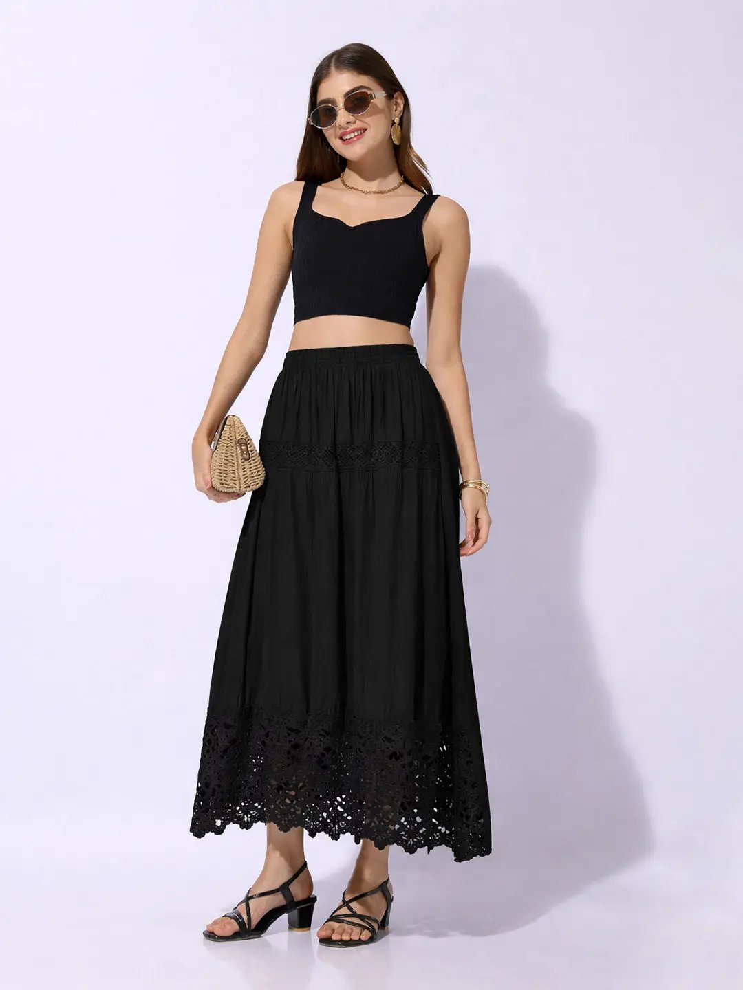 Women's Black Maxi Skirt with Crochet Lace Hem