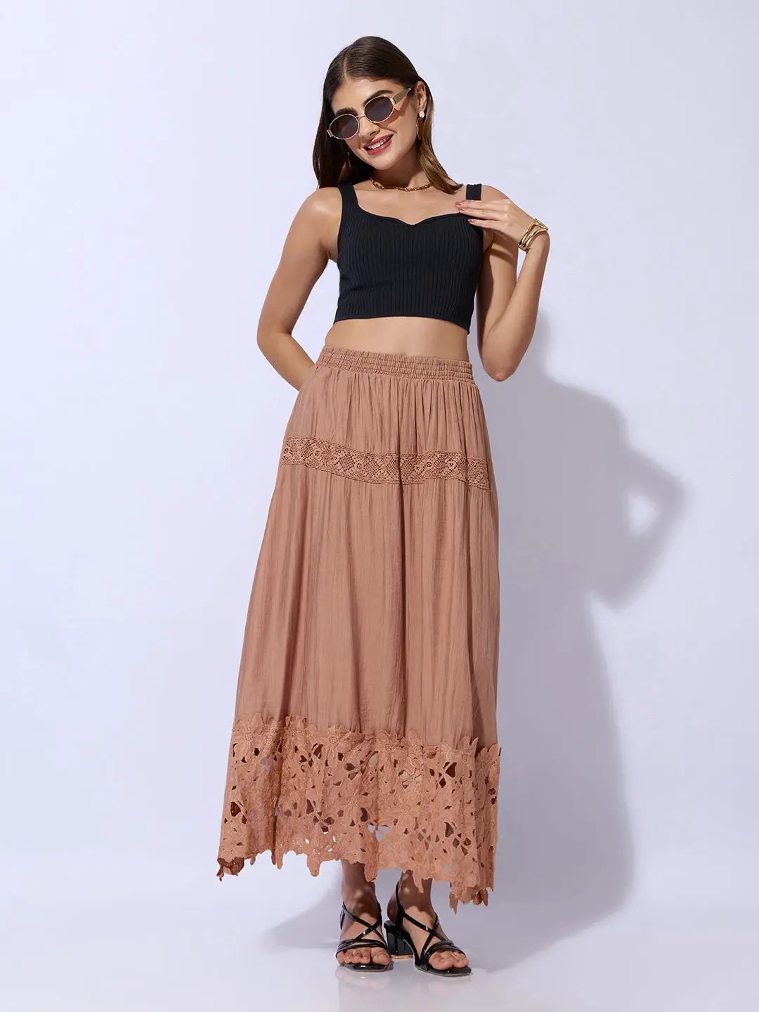Women's Brown Maxi Skirt with Crochet Lace Hem