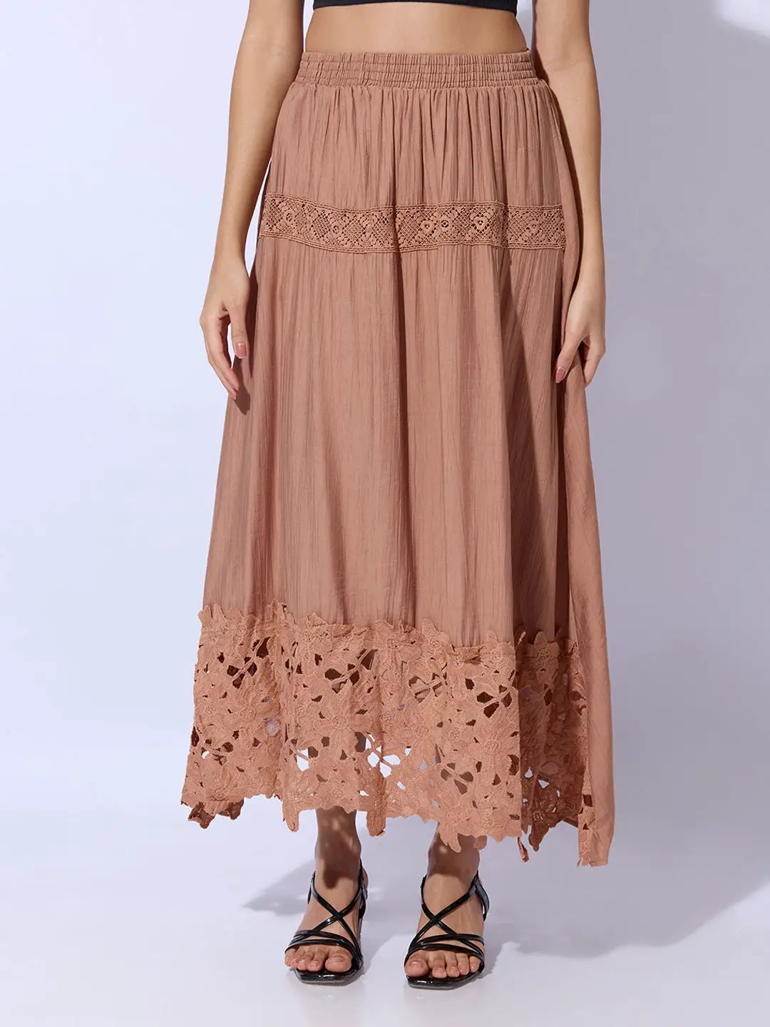 Women's Brown Maxi Skirt with Crochet Lace Hem