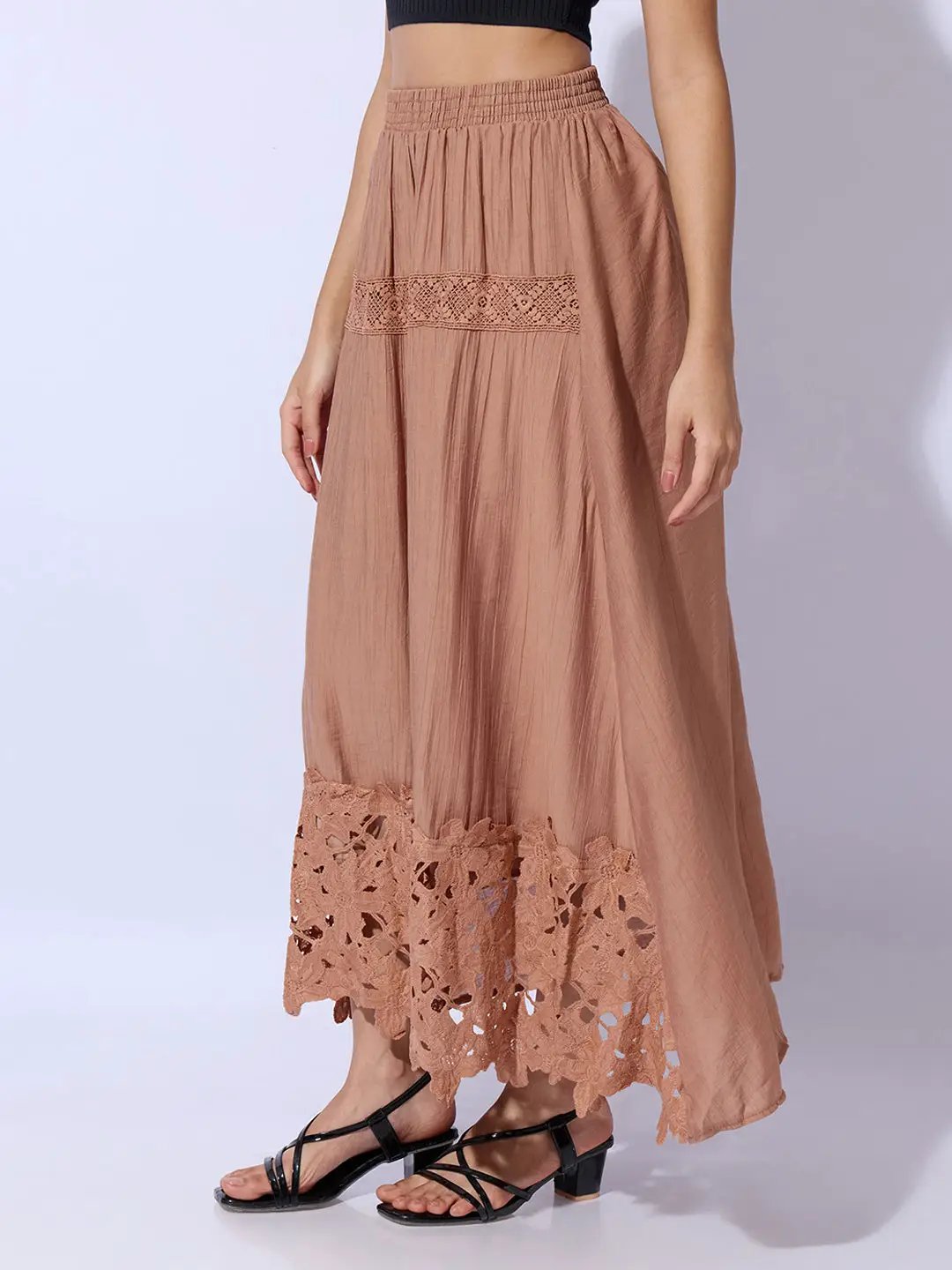 Women's Brown Maxi Skirt with Crochet Lace Hem