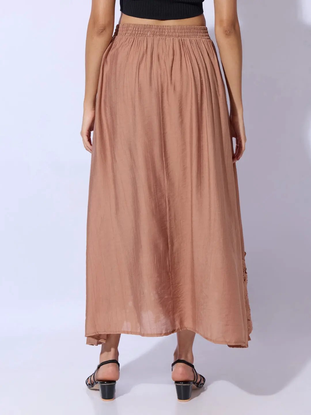 Women's Brown Maxi Skirt with Crochet Lace Hem