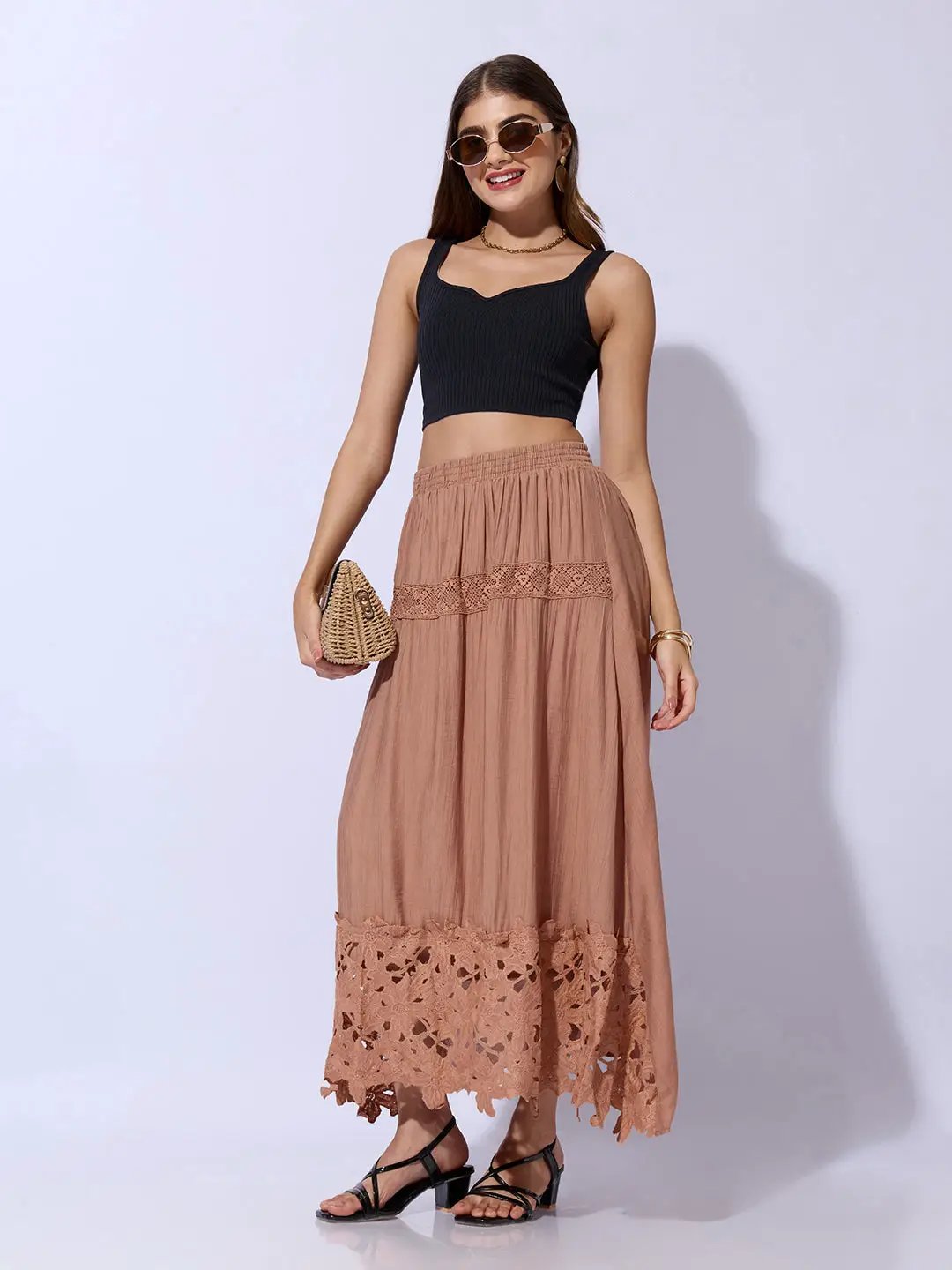 Women's Brown Maxi Skirt with Crochet Lace Hem