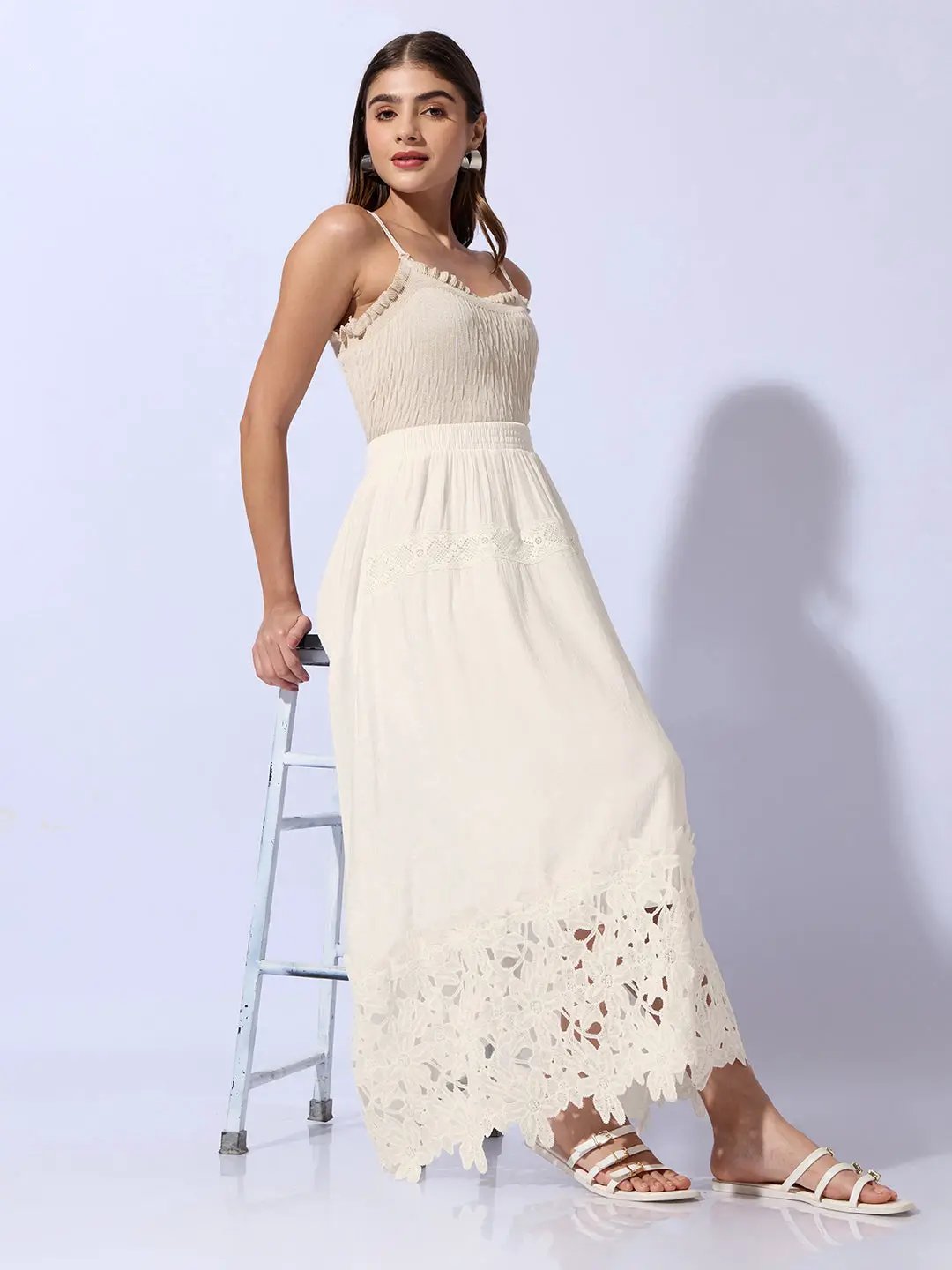 Women's Cream Maxi Skirt with Crochet Lace Hem