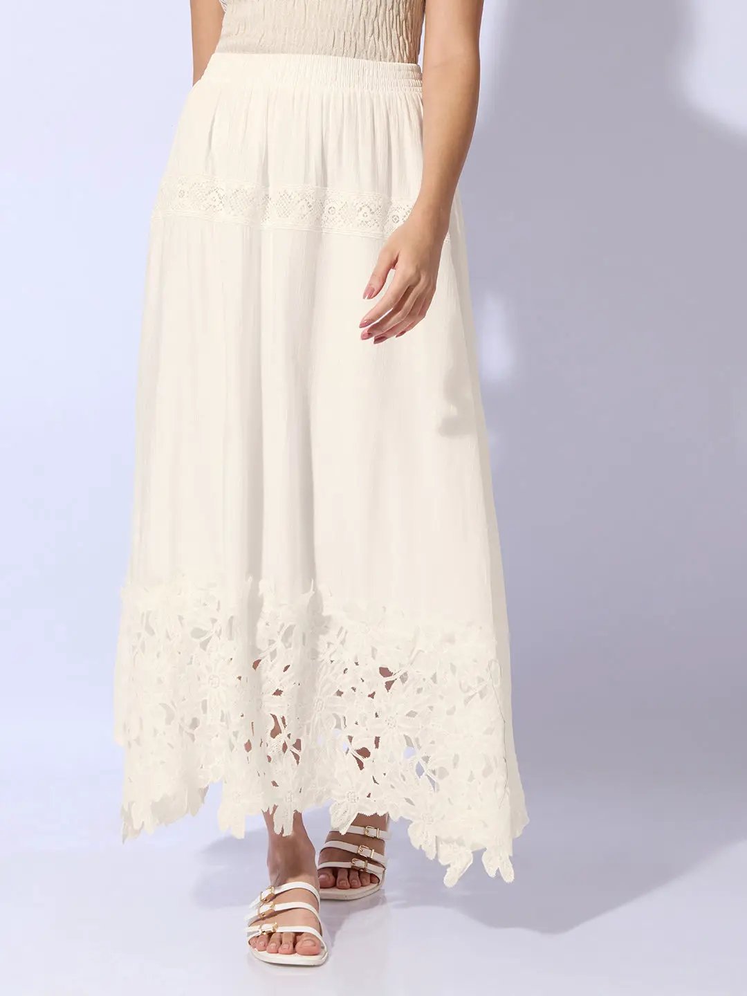 Women's Cream Maxi Skirt with Crochet Lace Hem