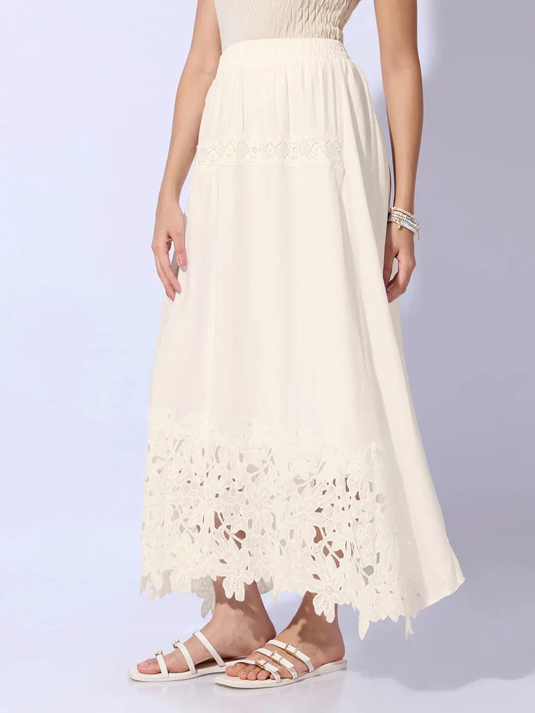 Women's Cream Maxi Skirt with Crochet Lace Hem