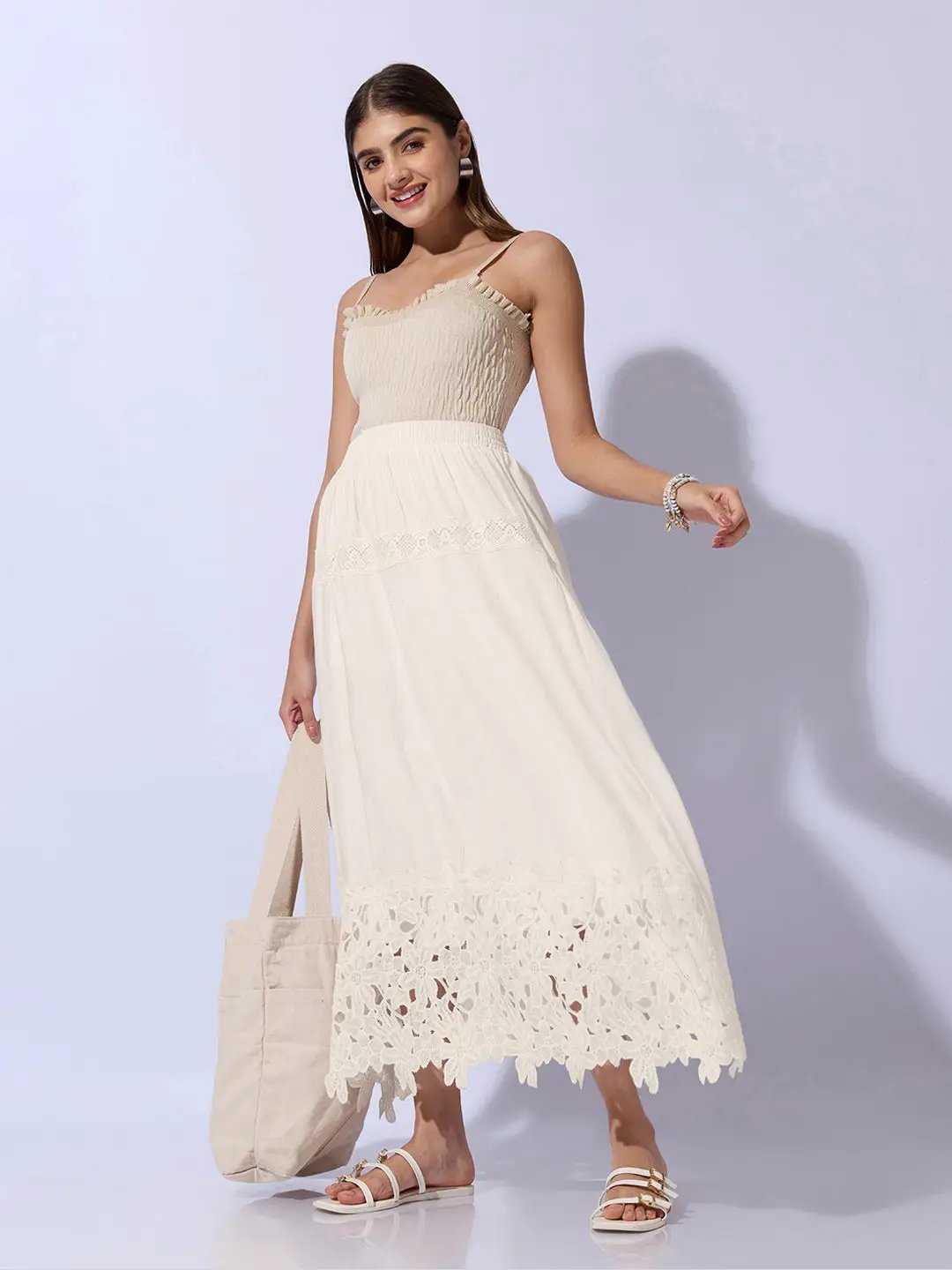 Women's Cream Maxi Skirt with Crochet Lace Hem