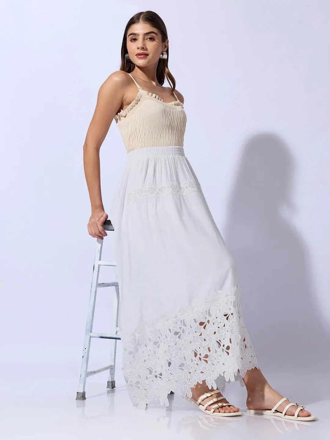 Women's White Maxi Skirt with Crochet Lace Hem