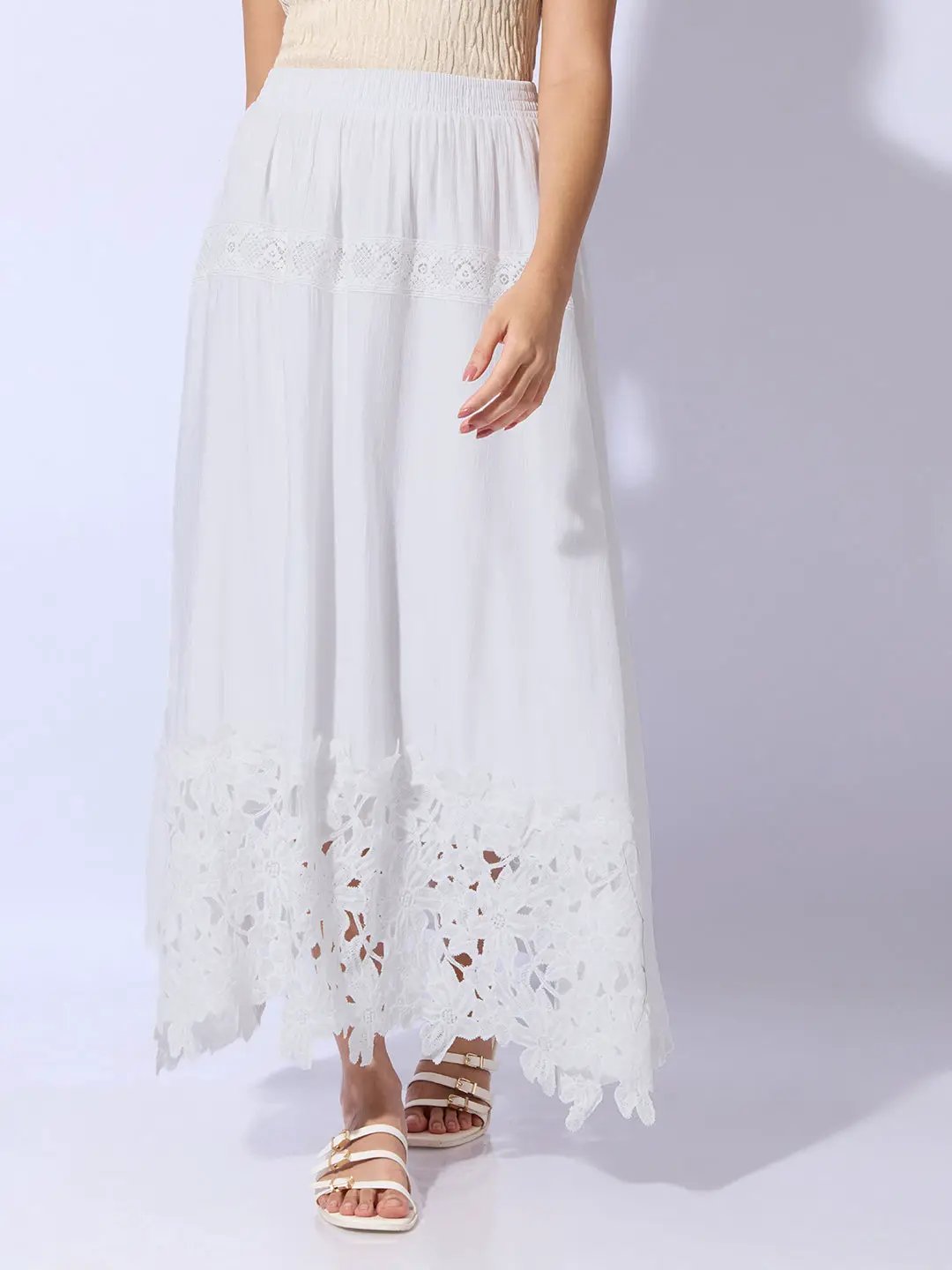 Women's White Maxi Skirt with Crochet Lace Hem