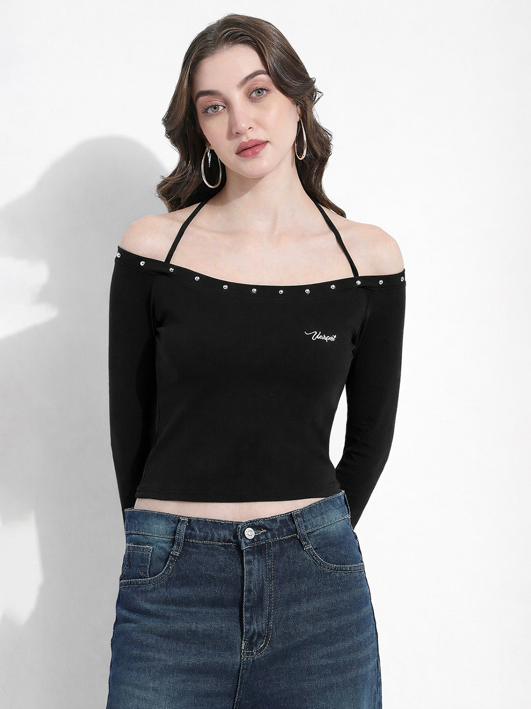 Women's Off Shoulder Black Halter Neck Top with Stud Detail