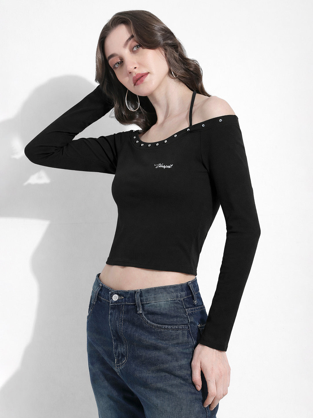 Women's Off Shoulder Black Halter Neck Top with Stud Detail