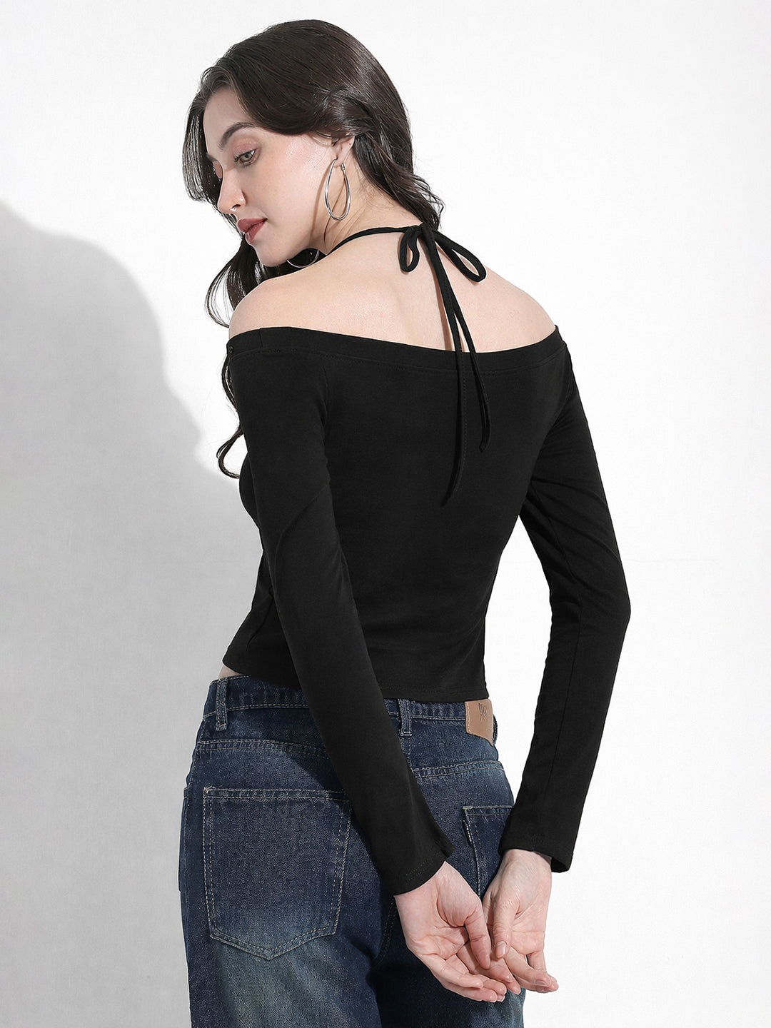 Women's Off Shoulder Black Halter Neck Top with Stud Detail