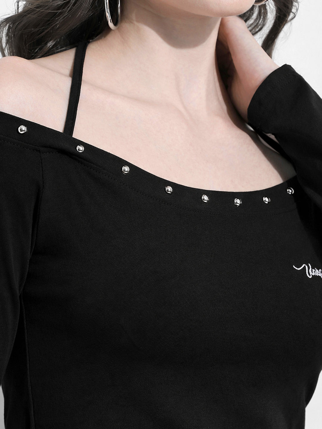 Women's Off Shoulder Black Halter Neck Top with Stud Detail