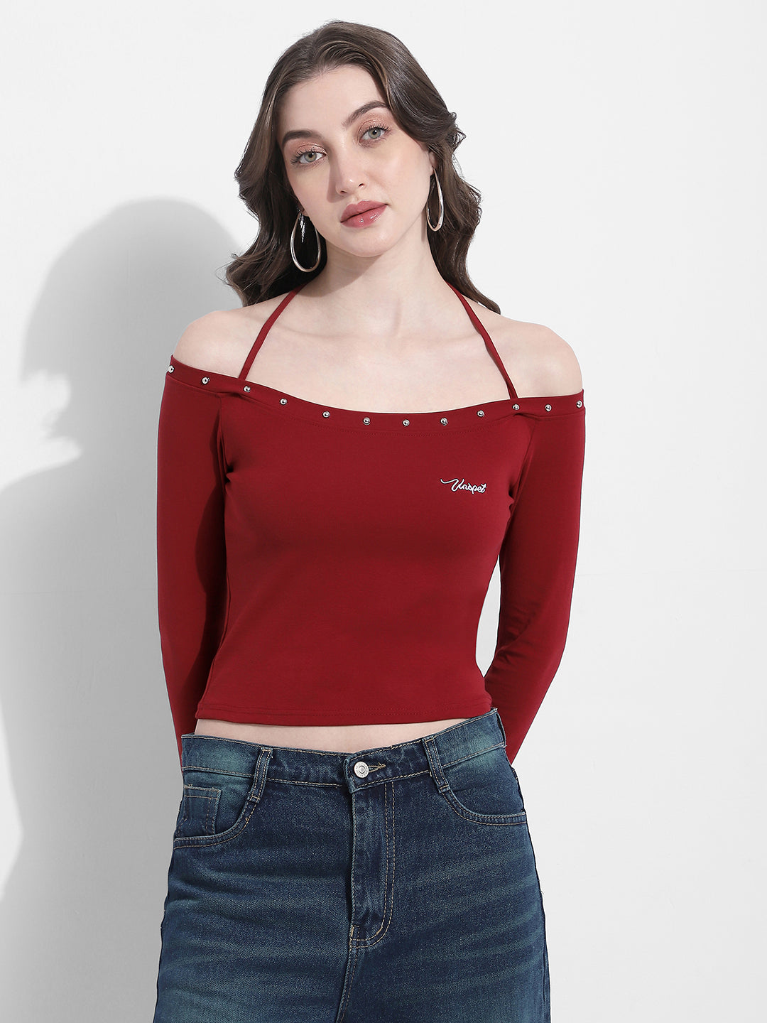 Women's Off Shoulder Maroon Halter Neck Top with Stud Detail