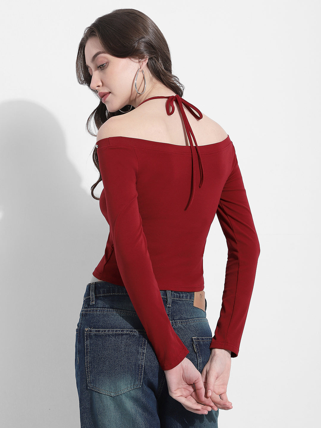 Women's Off Shoulder Maroon Halter Neck Top with Stud Detail