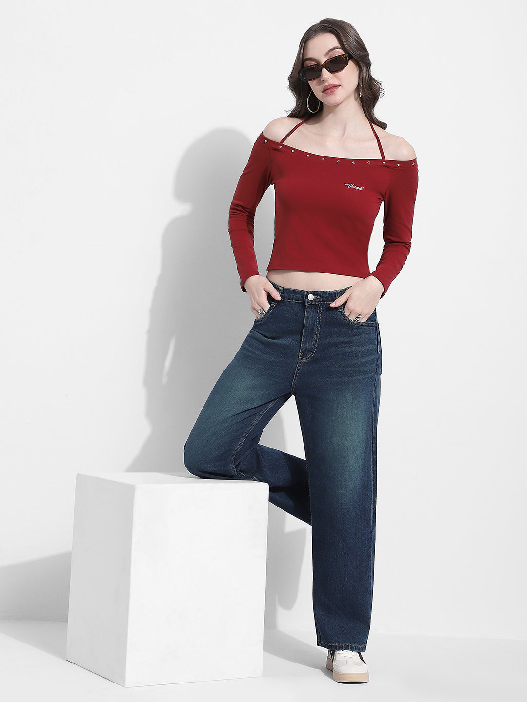 Women's Off Shoulder Maroon Halter Neck Top with Stud Detail