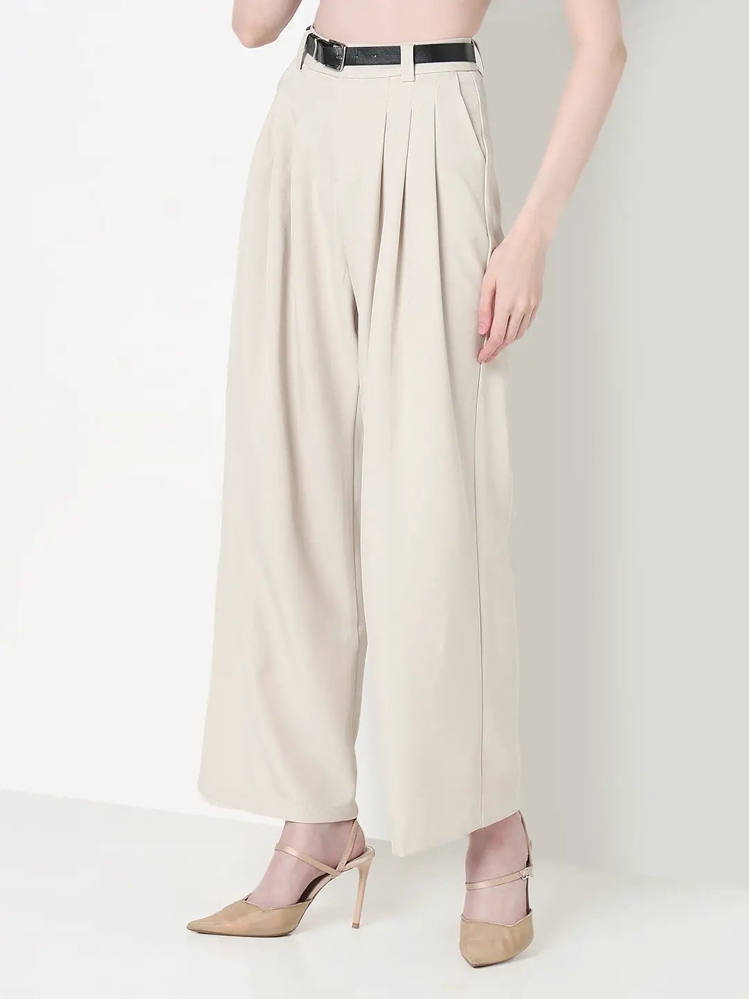Women's Pleated Cream High Waist Korean Pants with Belt - from SHOWOFFFF
