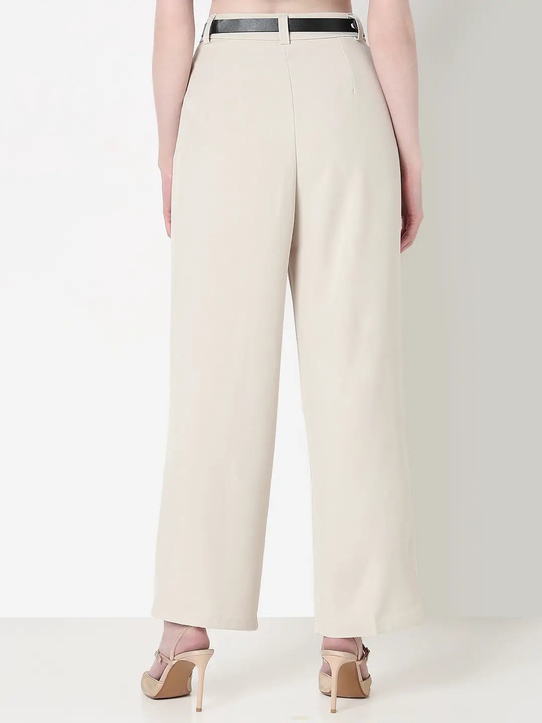 Women's Pleated Cream High Waist Korean Pants with Belt - from SHOWOFFFF