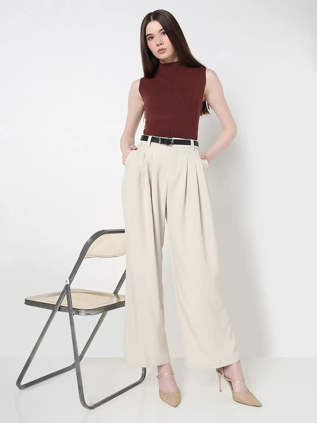 Women's Pleated Cream High Waist Korean Pants with Belt - from SHOWOFFFF