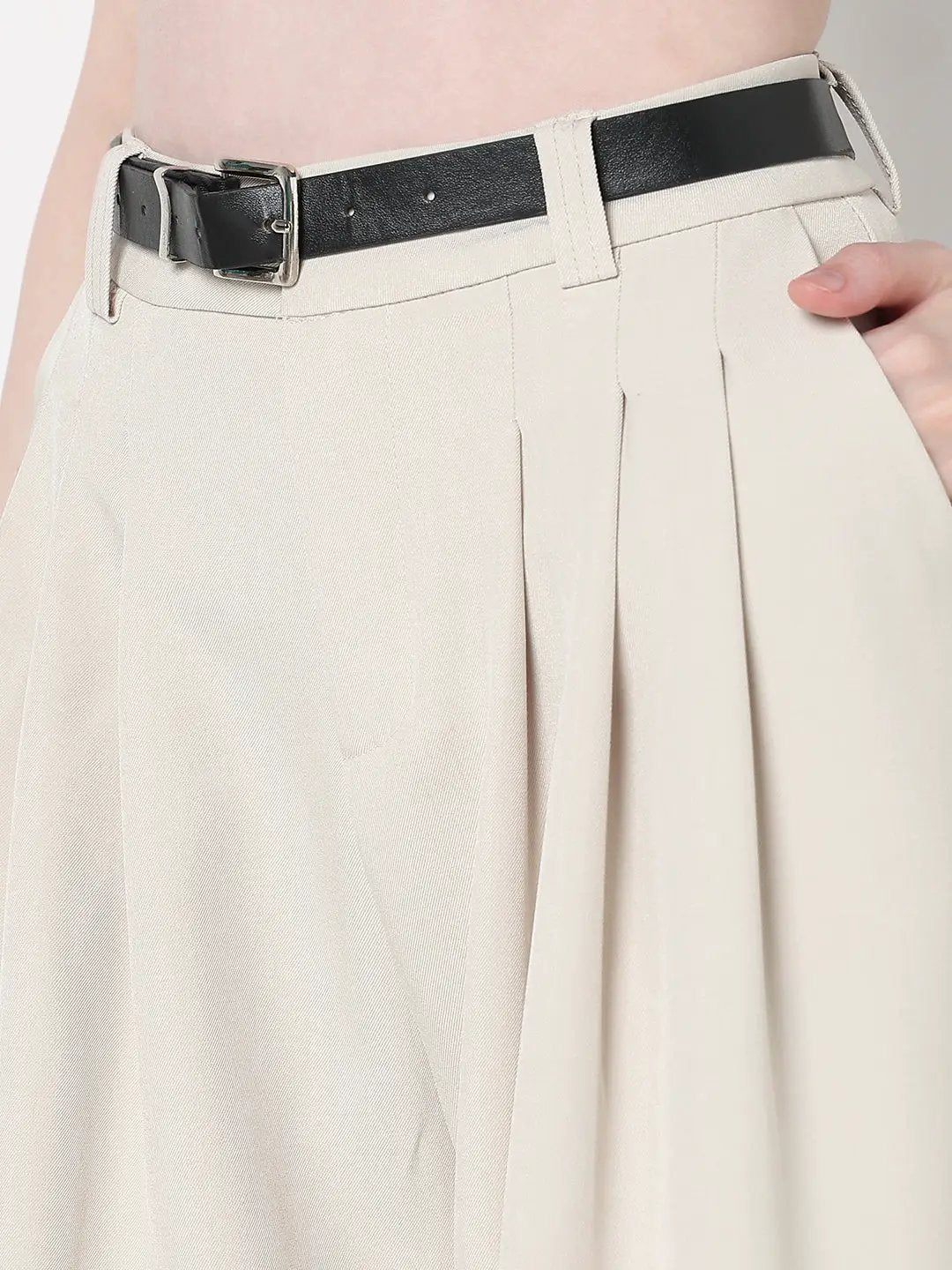 Women's Pleated Cream High Waist Korean Pants with Belt - from SHOWOFFFF