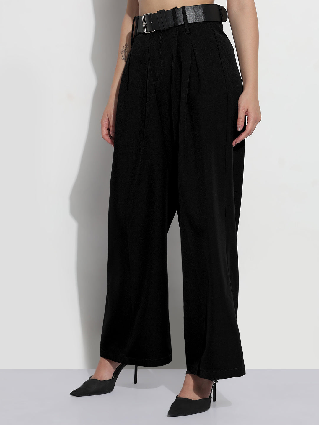 Women's Black Formal High Rise Wide Leg Korean Pants