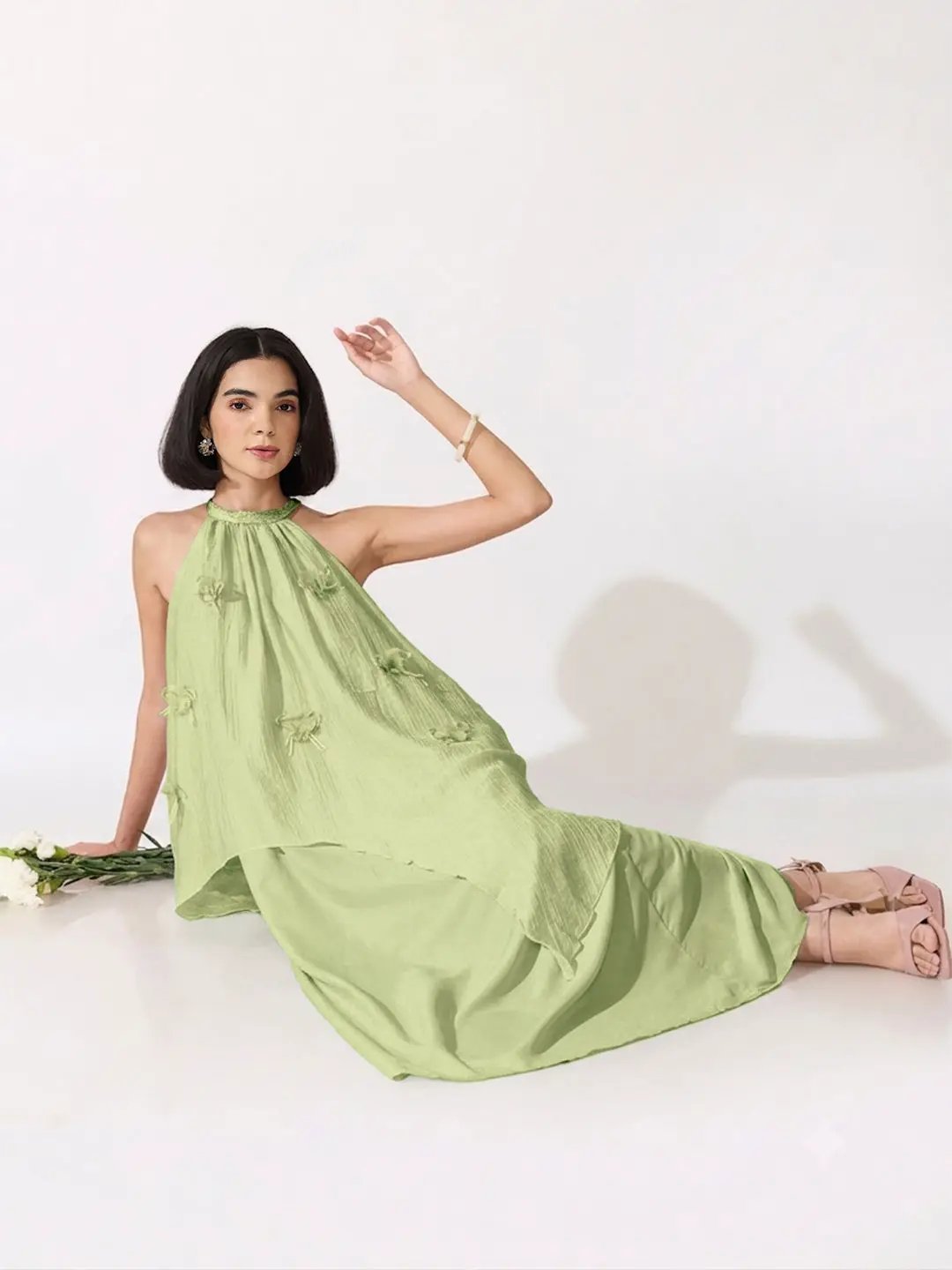 Women's Green Halter Neck Maxi Dress with Floral Appliqué - from SHOWOFFFF