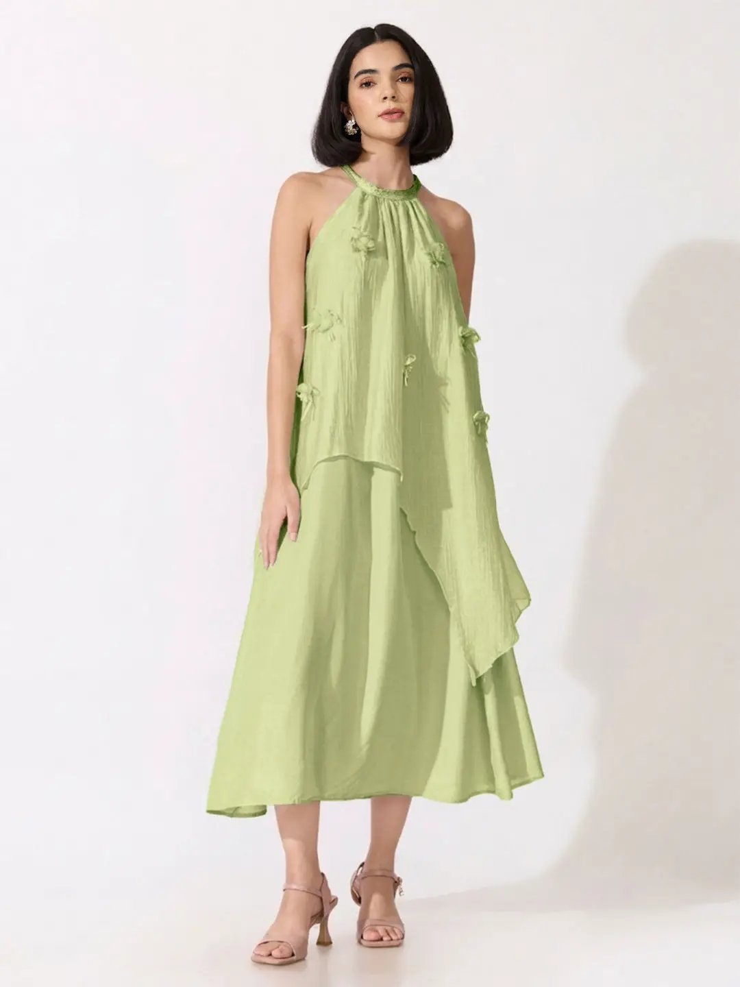 Women's Green Halter Neck Maxi Dress with Floral Appliqué - from SHOWOFFFF