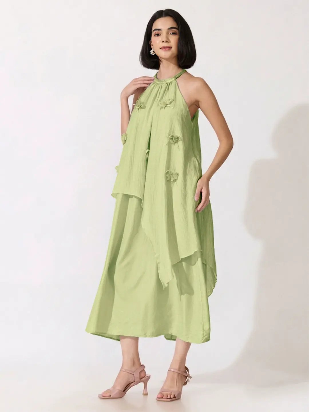 Women's Green Halter Neck Maxi Dress with Floral Appliqué - from SHOWOFFFF