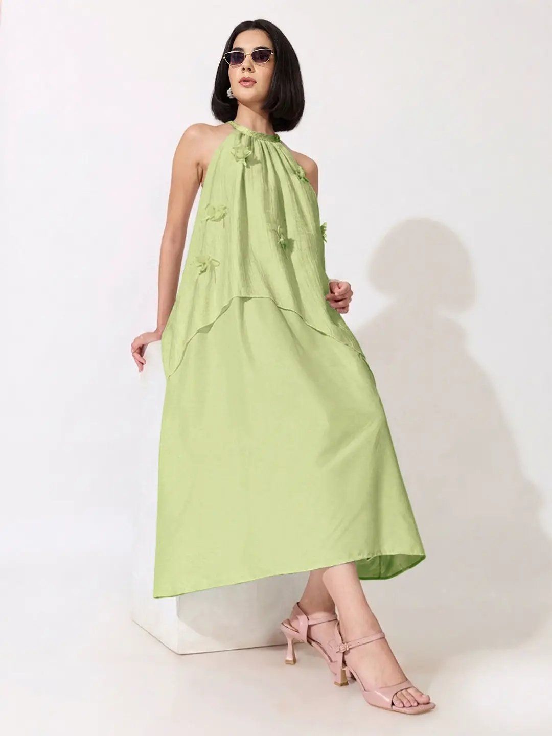 Women's Green Halter Neck Maxi Dress with Floral Appliqué - from SHOWOFFFF