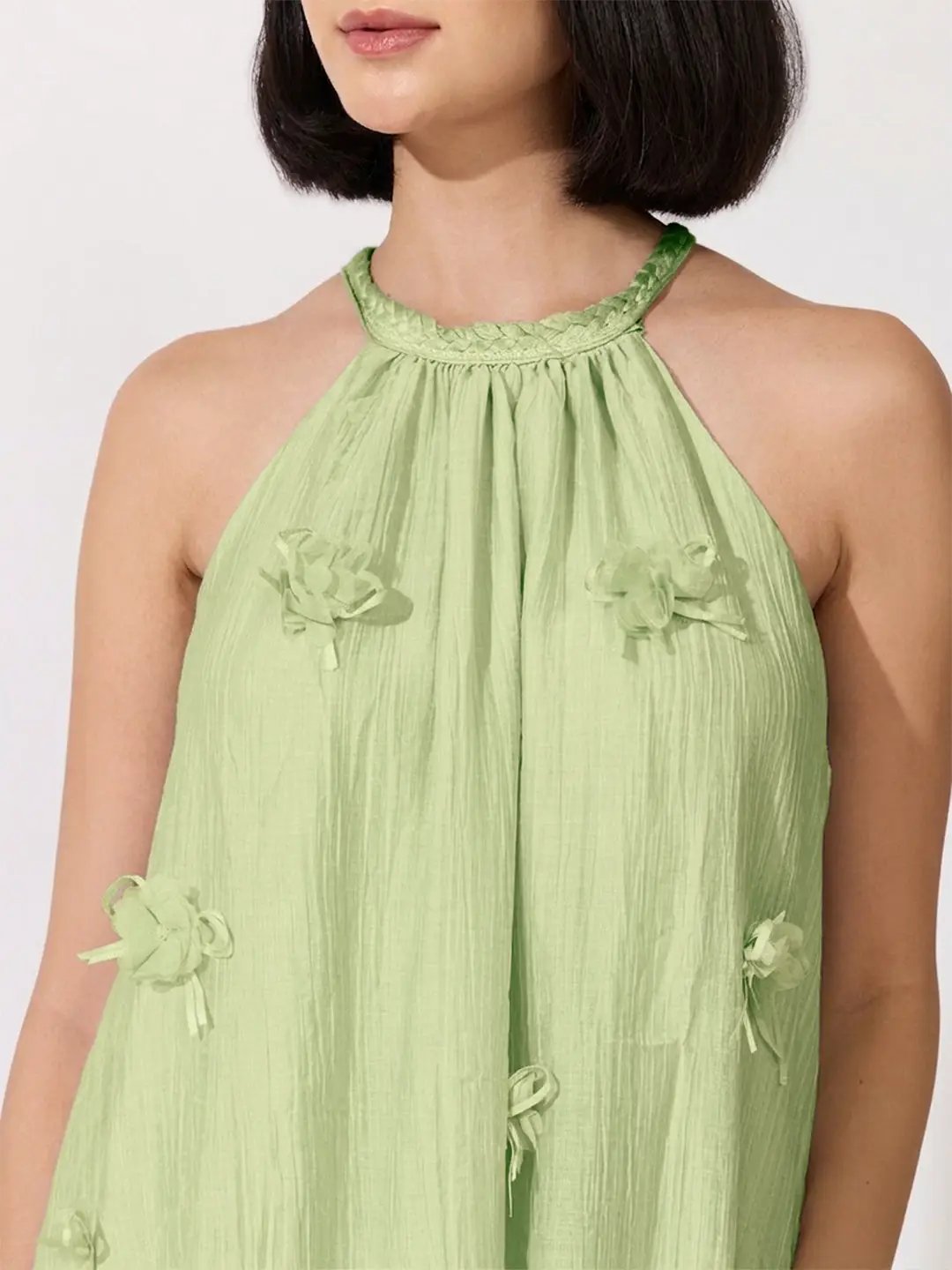 Women's Green Halter Neck Maxi Dress with Floral Appliqué - from SHOWOFFFF