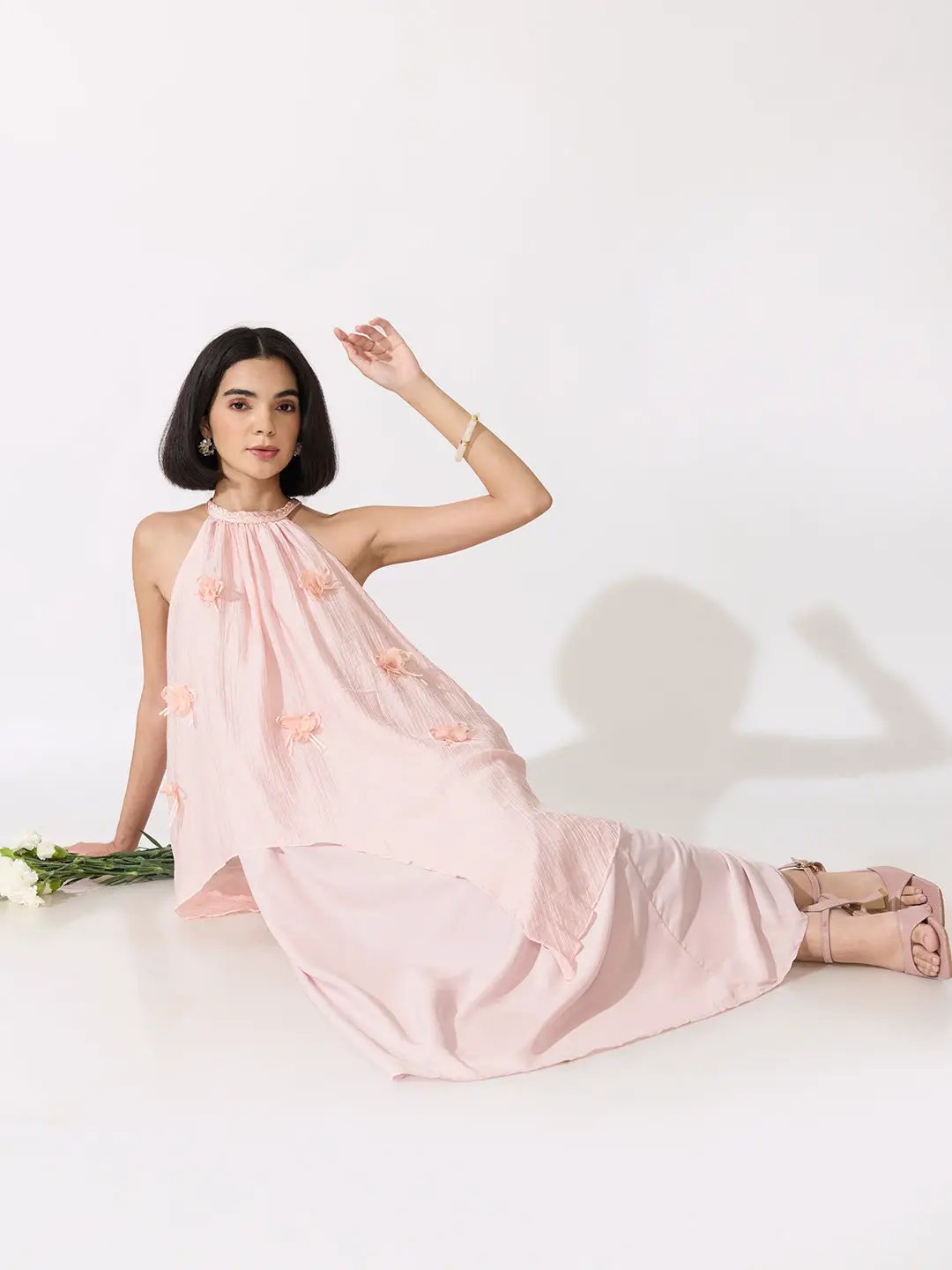 Women's Pink Halter Neck  Maxi Dress with Floral Appliqué