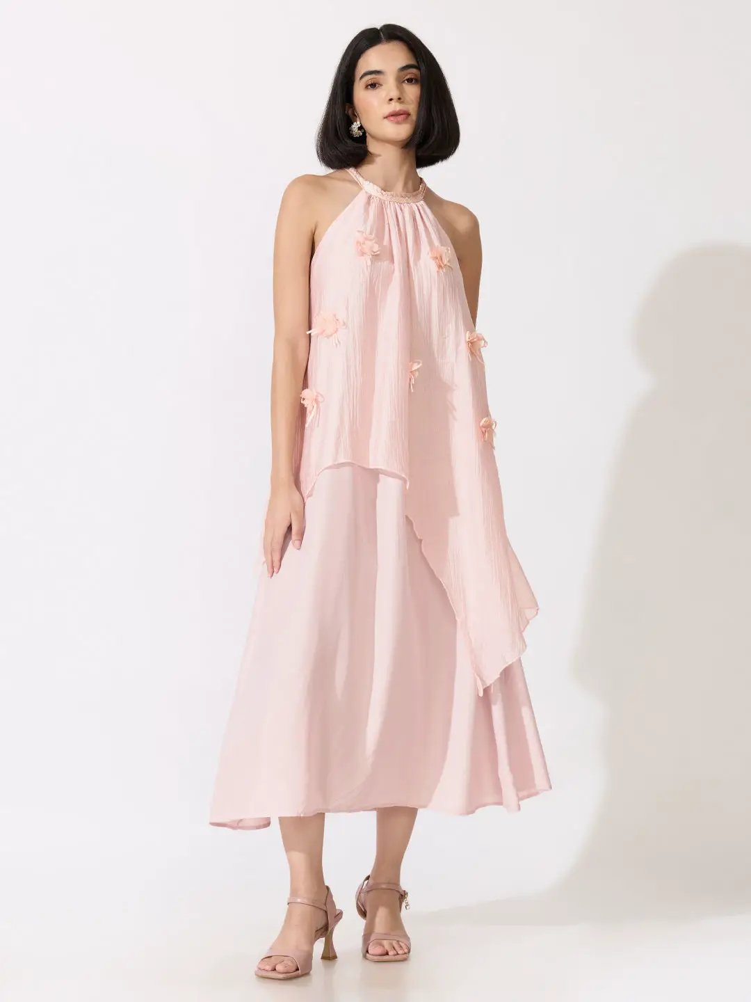 Women's Pink Halter Neck  Maxi Dress with Floral Appliqué
