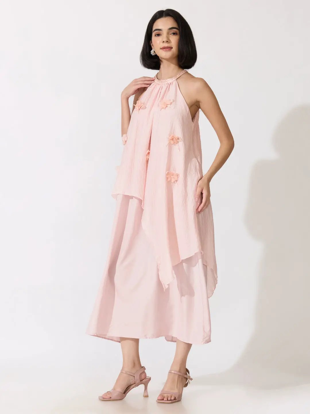 Women's Pink Halter Neck  Maxi Dress with Floral Appliqué