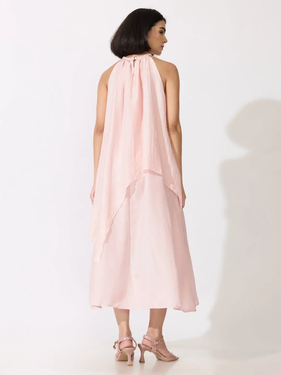Women's Pink Halter Neck  Maxi Dress with Floral Appliqué